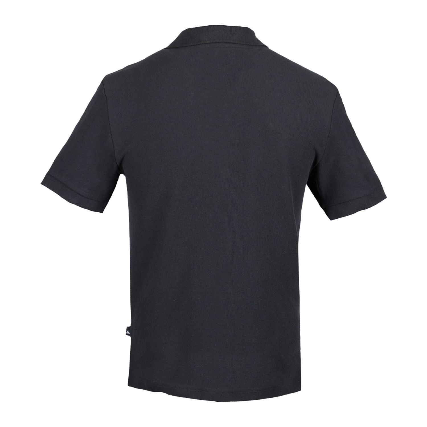 Black men's cotton pique polo shirt with stand-up collar, garment-dyed finish, short sleeves, and classic fit styling for casual or business-casual wear.
