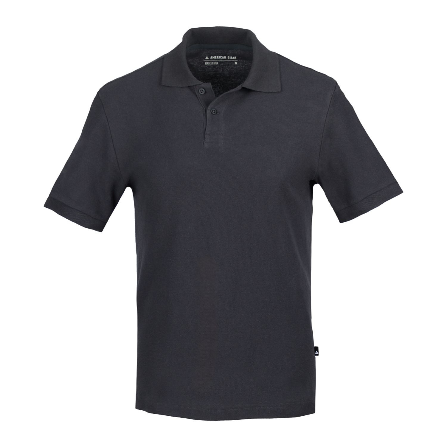 Black men's cotton pique polo shirt with stand-up collar, garment-dyed finish, short sleeves, and classic fit styling for casual or business-casual wear.