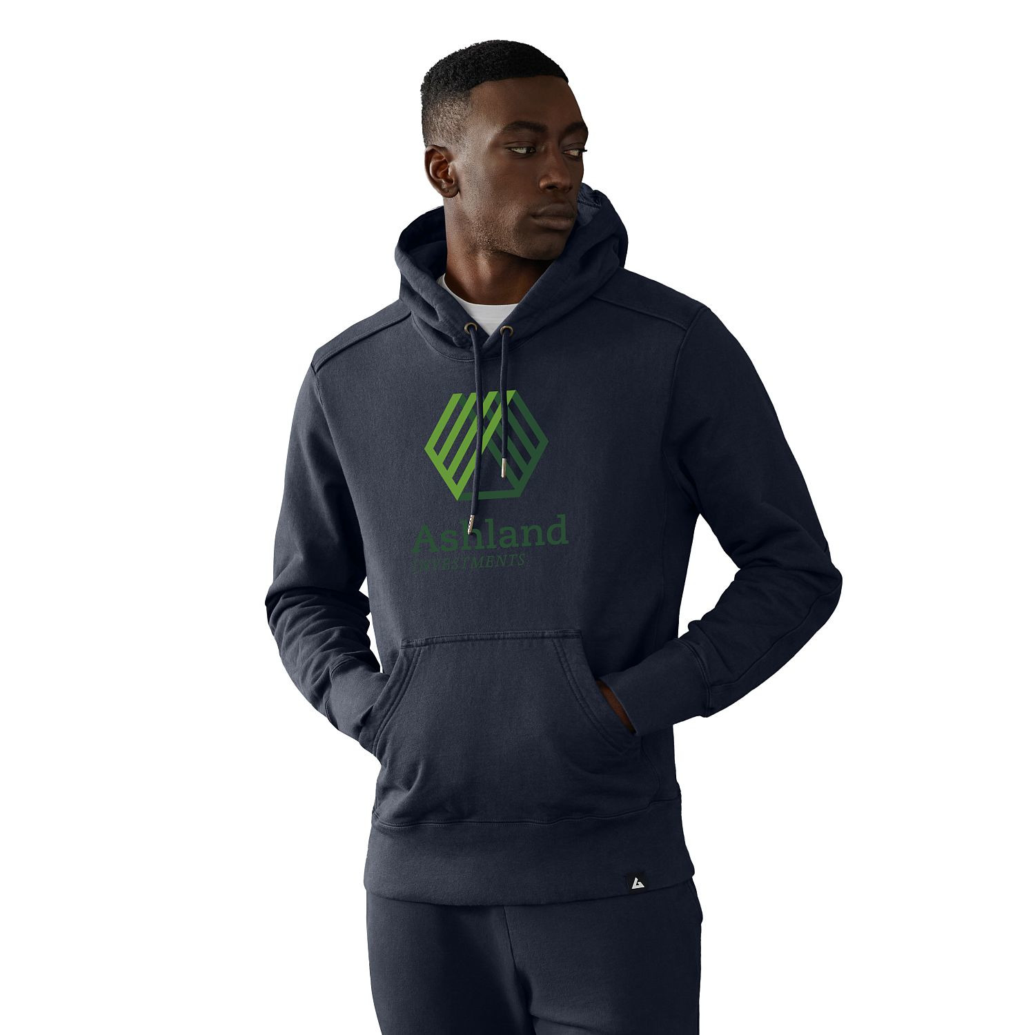 Polo blue heavyweight men’s fleece pullover hoodie with double-lined hood, ribbed side panels, and reinforced elbow patches designed for warmth and durability in cold-weather casual wear.