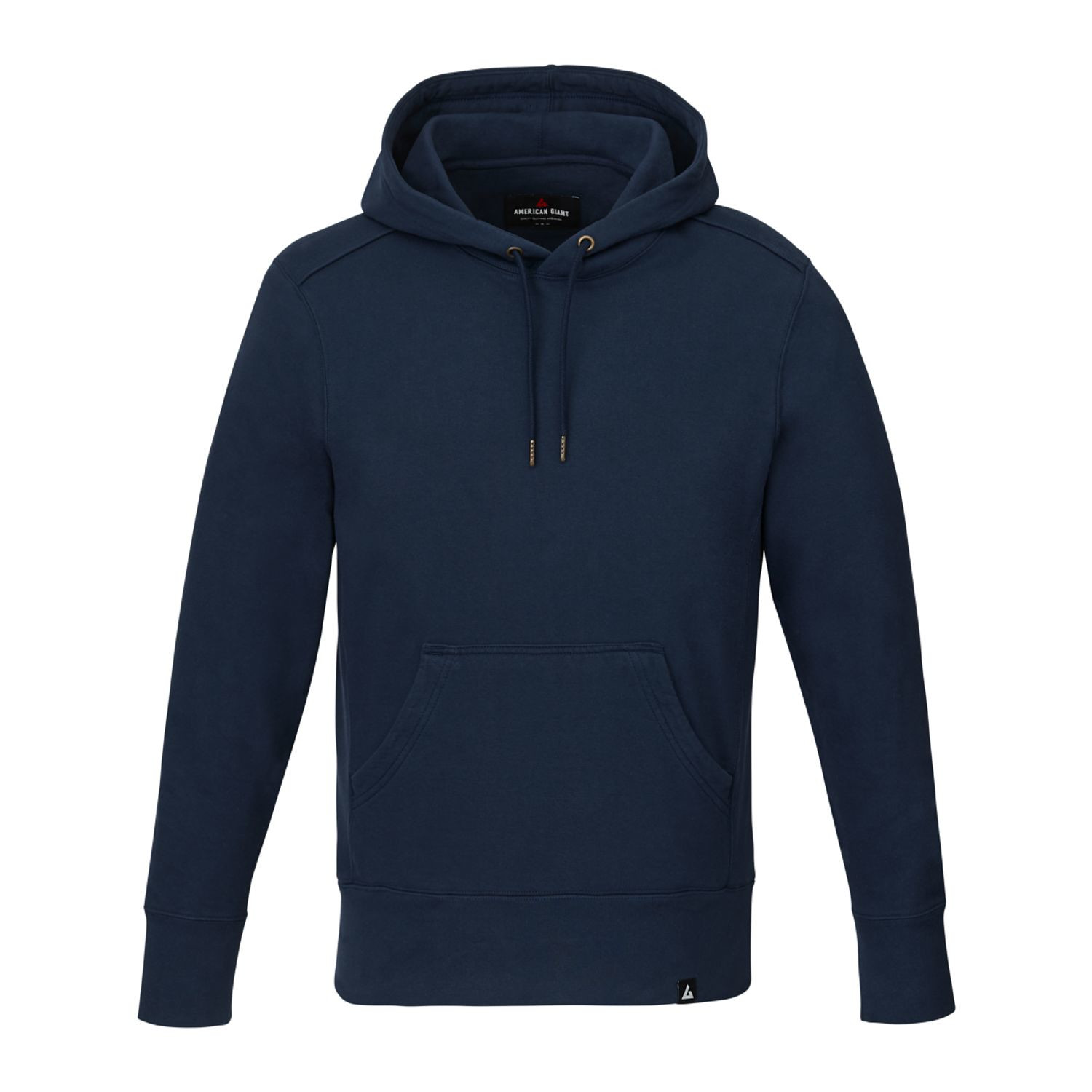 Polo blue heavyweight men’s fleece pullover hoodie with double-lined hood, ribbed side panels, and reinforced elbow patches designed for warmth and durability in cold-weather casual wear.