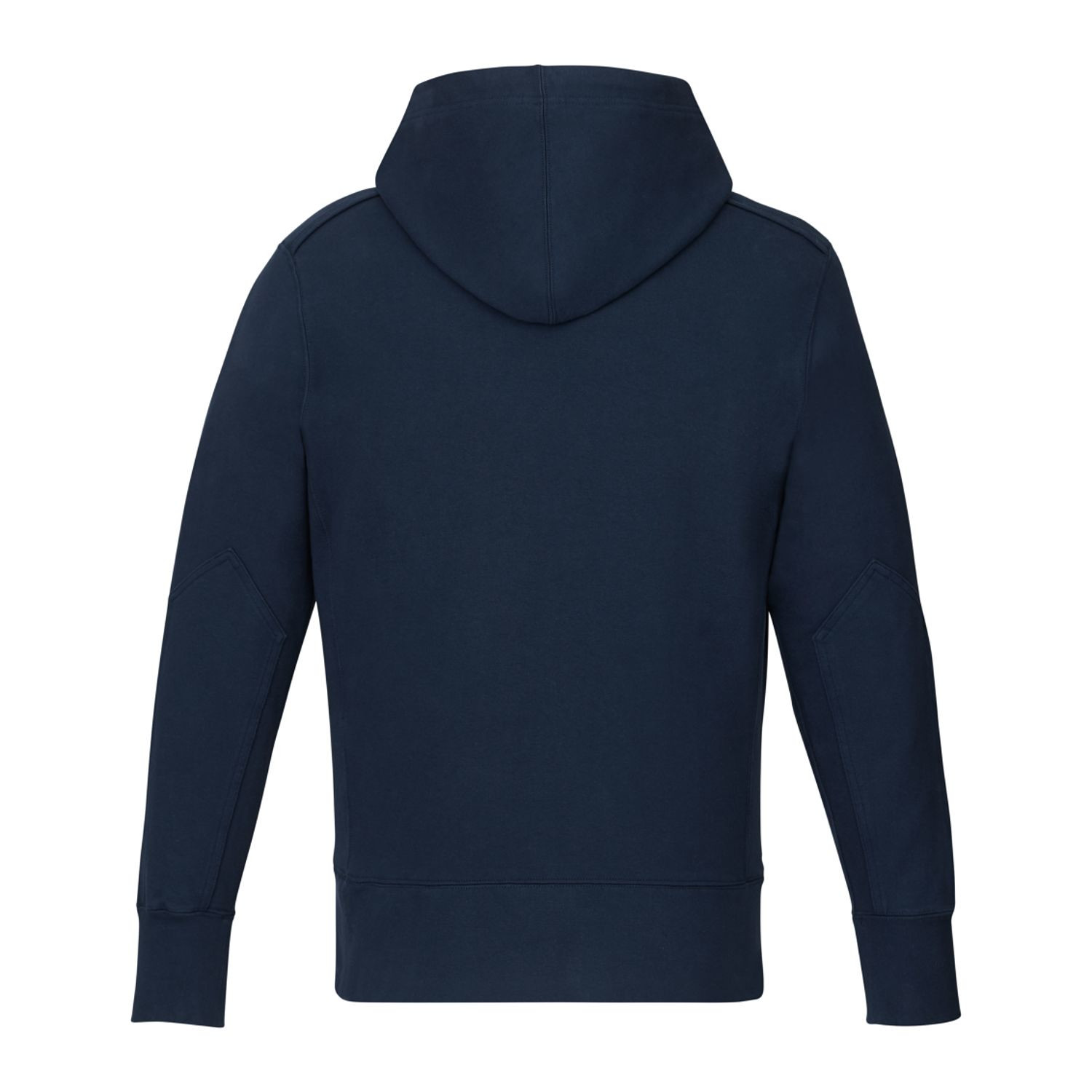 Polo blue heavyweight men’s fleece pullover hoodie with double-lined hood, ribbed side panels, and reinforced elbow patches designed for warmth and durability in cold-weather casual wear.