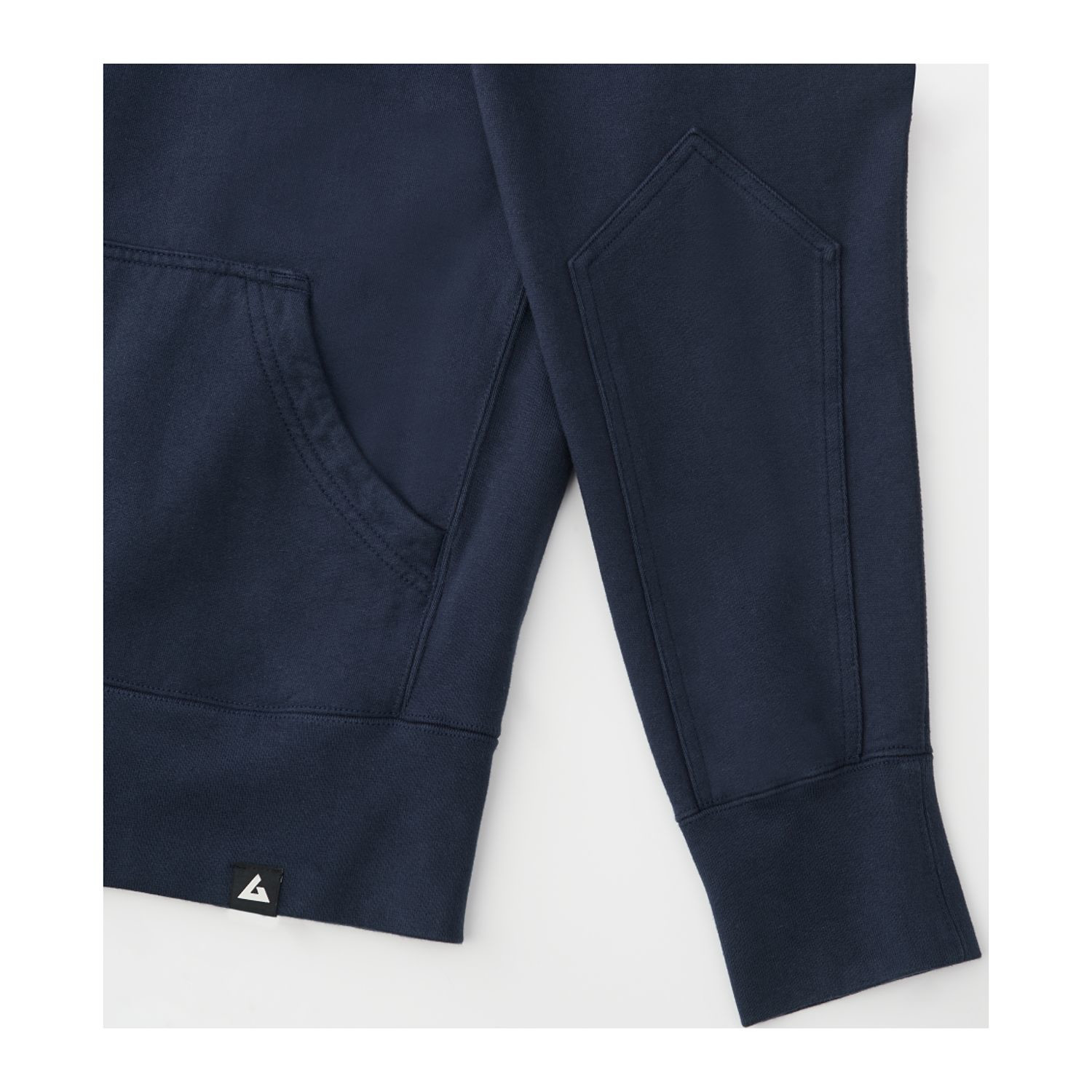 Polo blue heavyweight men’s fleece pullover hoodie with double-lined hood, ribbed side panels, and reinforced elbow patches designed for warmth and durability in cold-weather casual wear.