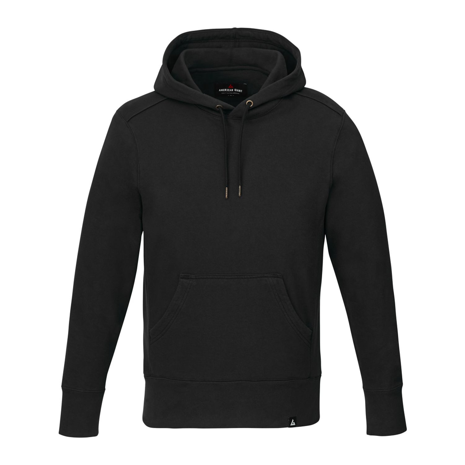 Polo black heavyweight men’s fleece pullover hoodie with double-lined hood, ribbed side panels, and reinforced elbow patches designed for warmth and durability in cold-weather casual wear.