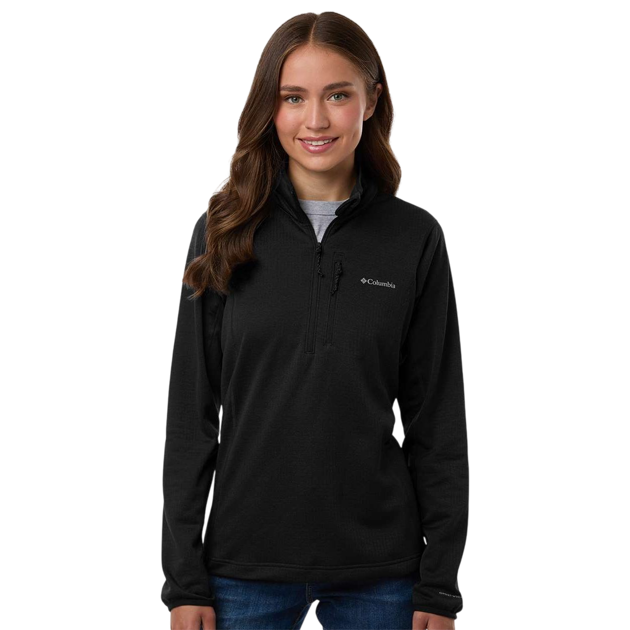 Black Columbia Women's Essential Hike™ Grid Fleece Half-Zip Pullover, featuring lightweight grid fleece fabric with a half-zip neckline and stand collar for hiking, layering, and everyday outdoor comfort.