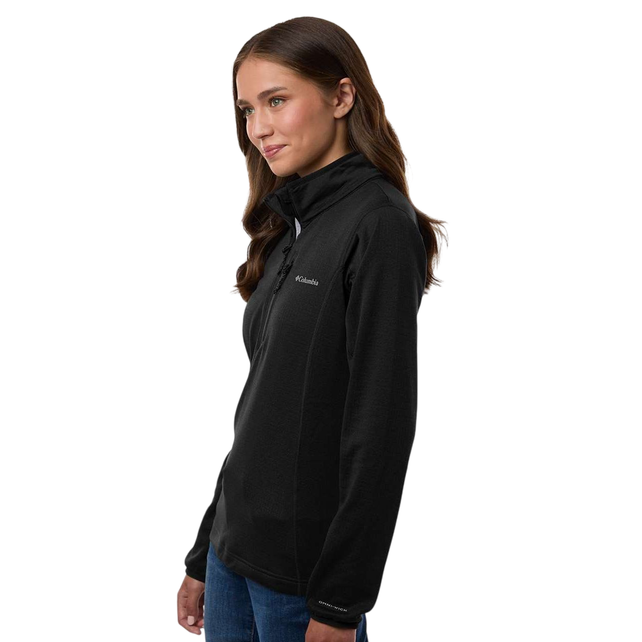 Black Columbia Women's Essential Hike™ Grid Fleece Half-Zip Pullover, featuring lightweight grid fleece fabric with a half-zip neckline and stand collar for hiking, layering, and everyday outdoor comfort.