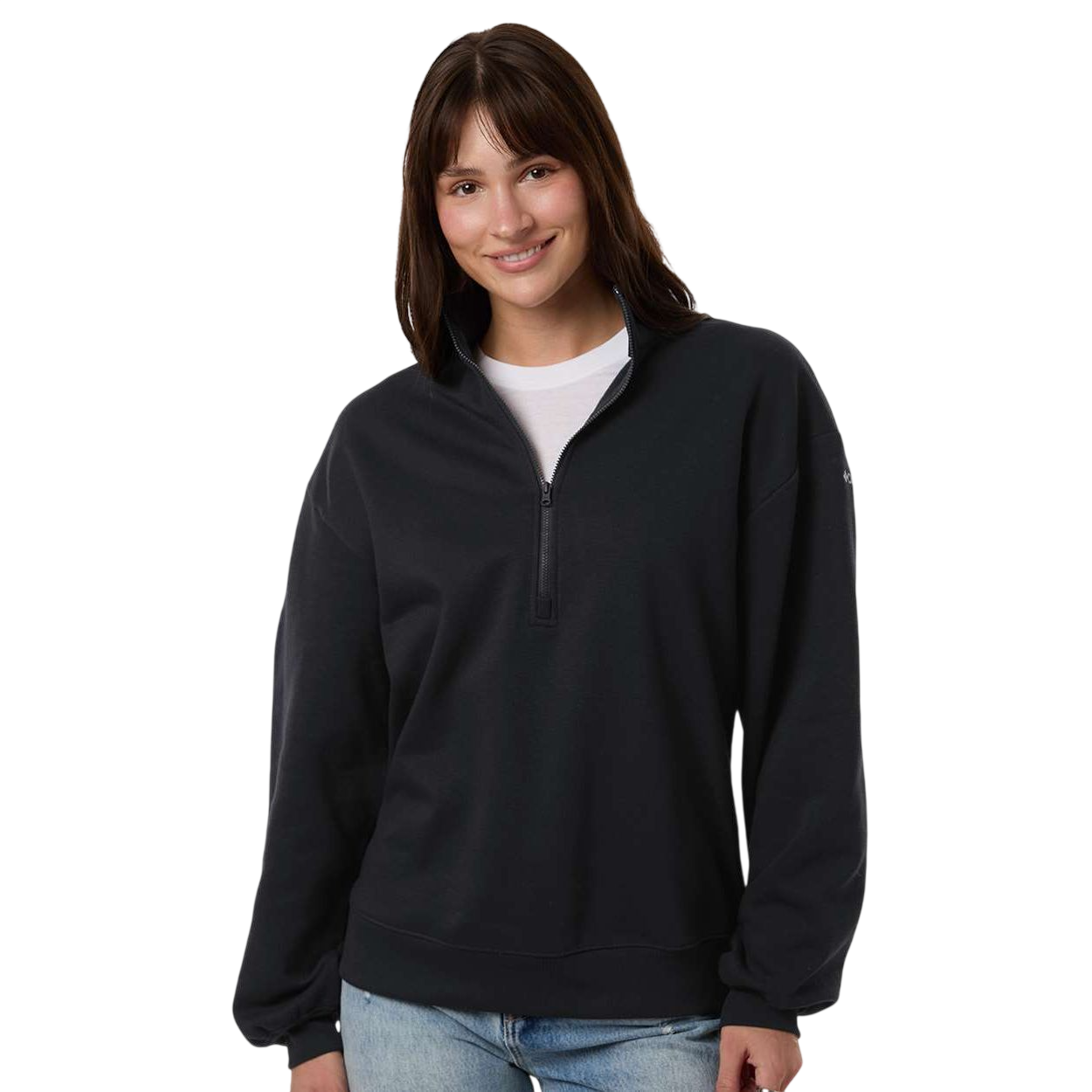 Black Columbia Women's Aldermore Half-Zip Pullover, featuring soft fleece fabric with a relaxed fit, stand collar, and half-zip neckline for cozy layering and everyday outdoor wear.