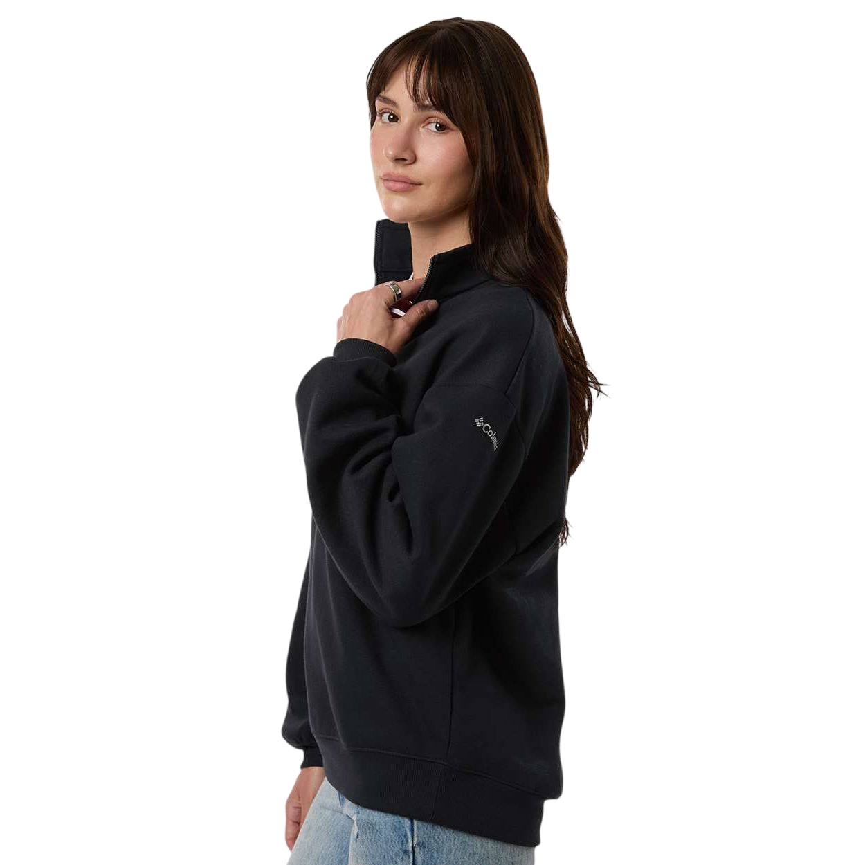 Black Columbia Women's Aldermore Half-Zip Pullover, featuring soft fleece fabric with a relaxed fit, stand collar, and half-zip neckline for cozy layering and everyday outdoor wear.