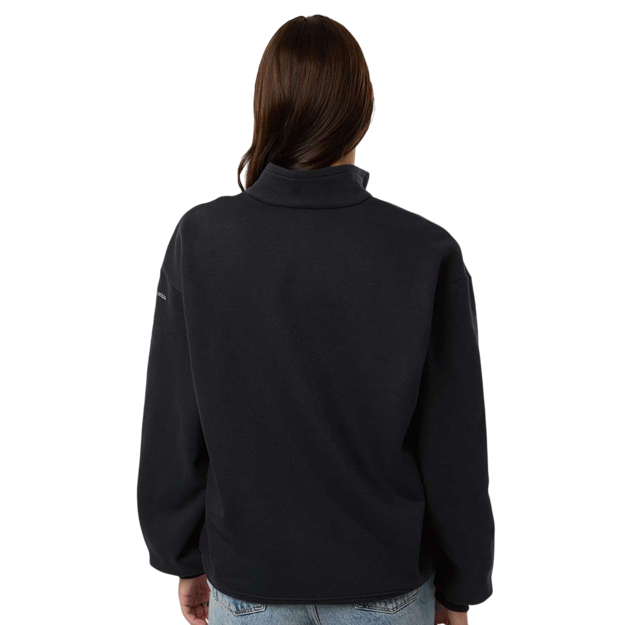 Black Columbia Women's Aldermore Half-Zip Pullover, featuring soft fleece fabric with a relaxed fit, stand collar, and half-zip neckline for cozy layering and everyday outdoor wear.