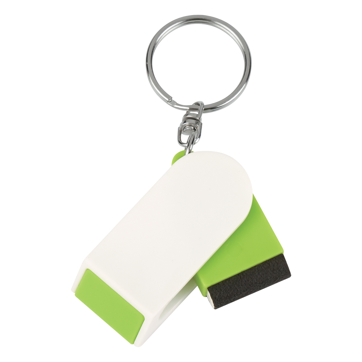 White/Lime Green Phone Stand and Screen Cleaner Combo Key Chain featuring a plastic body with colored accents, slide-out phone stand, swivel microfiber screen cleaner, and split ring keychain for hands-free phone viewing and screen cleaning.