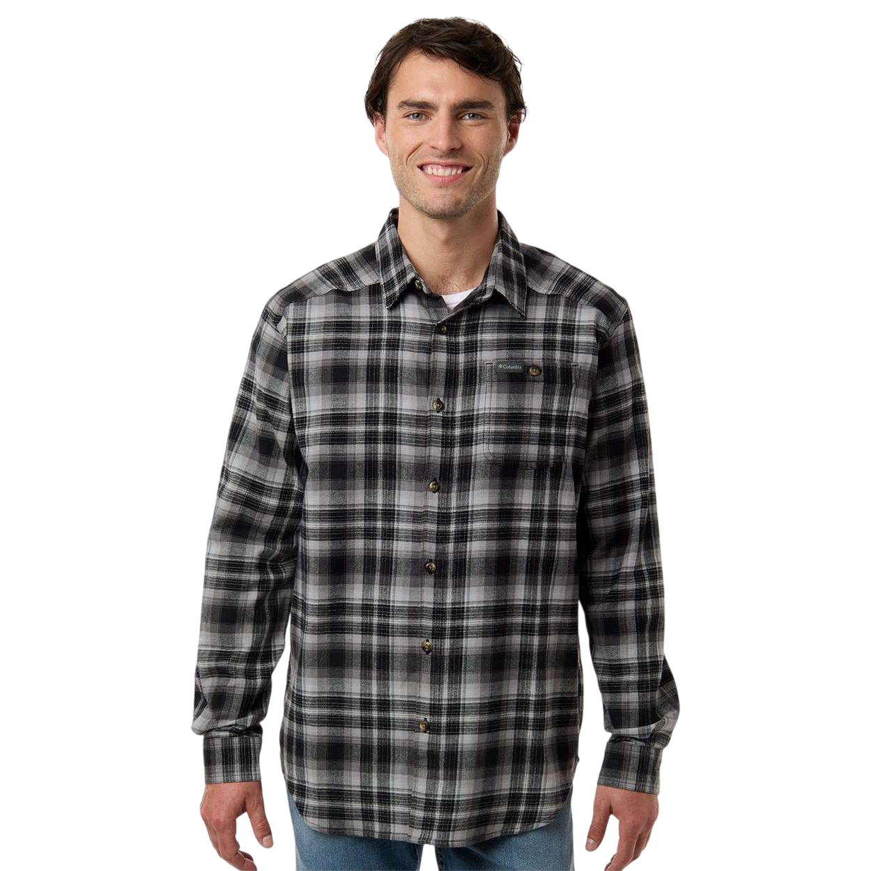 Black Backland Tartan Columbia Men's Cornell Woods™ Flannel Shirt, featuring soft plaid flannel fabric with a button-front closure, spread collar, and chest pocket for casual wear and outdoor layering.