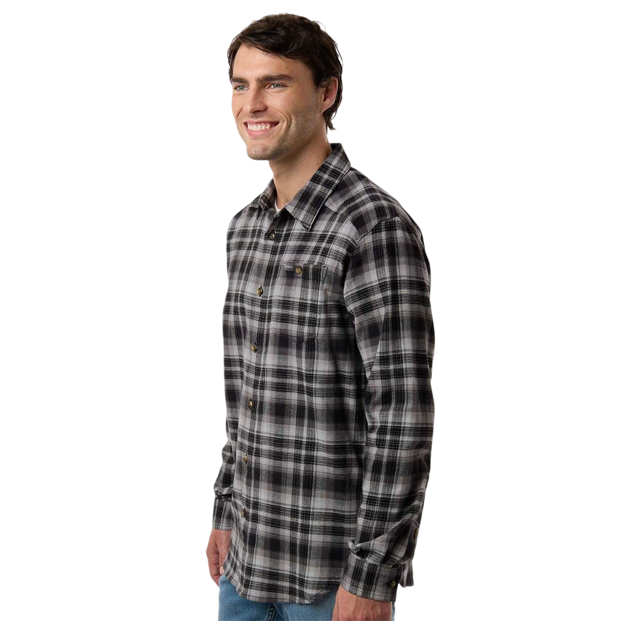 Black Backland Tartan Columbia Men's Cornell Woods™ Flannel Shirt, featuring soft plaid flannel fabric with a button-front closure, spread collar, and chest pocket for casual wear and outdoor layering.