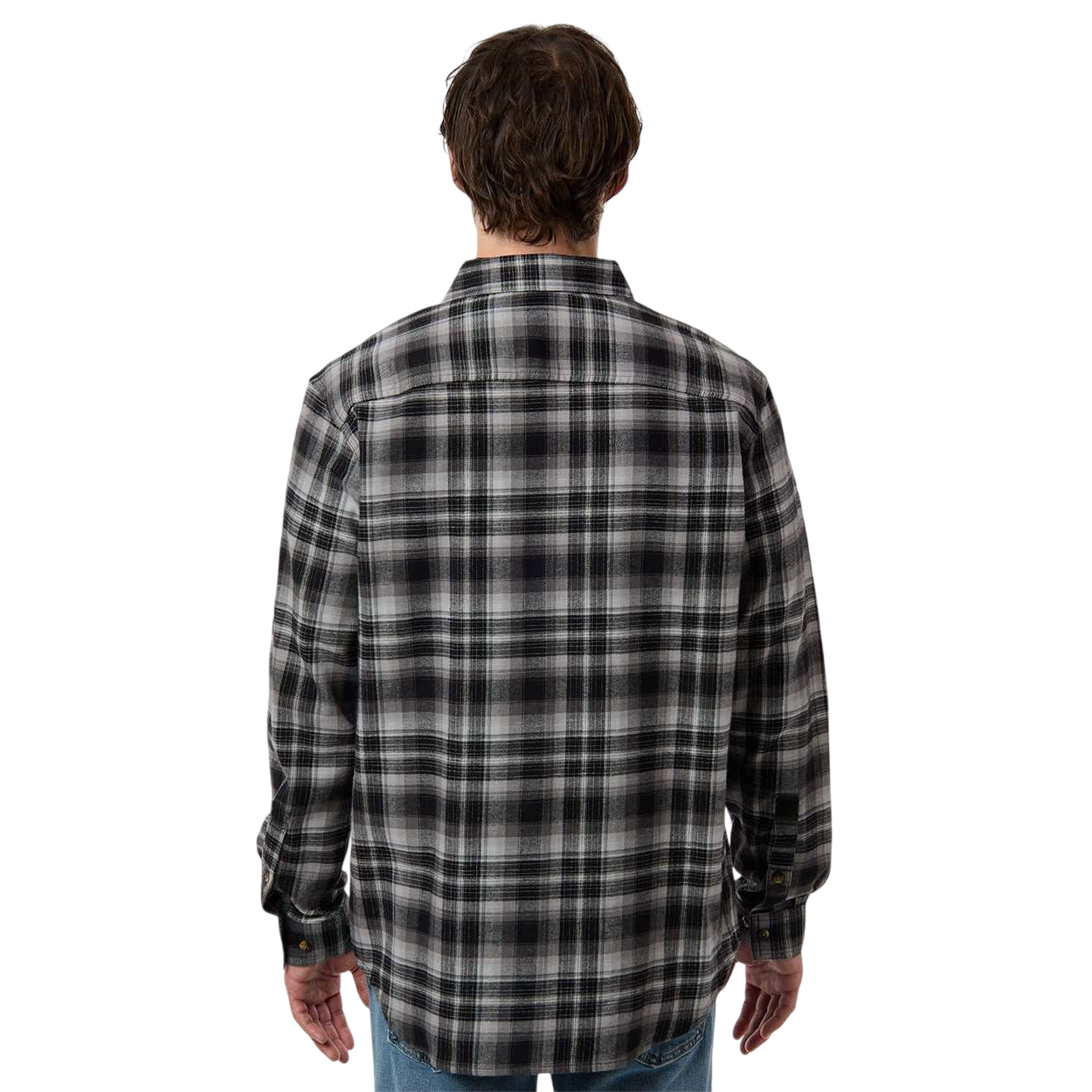 Black Backland Tartan Columbia Men's Cornell Woods™ Flannel Shirt, featuring soft plaid flannel fabric with a button-front closure, spread collar, and chest pocket for casual wear and outdoor layering.