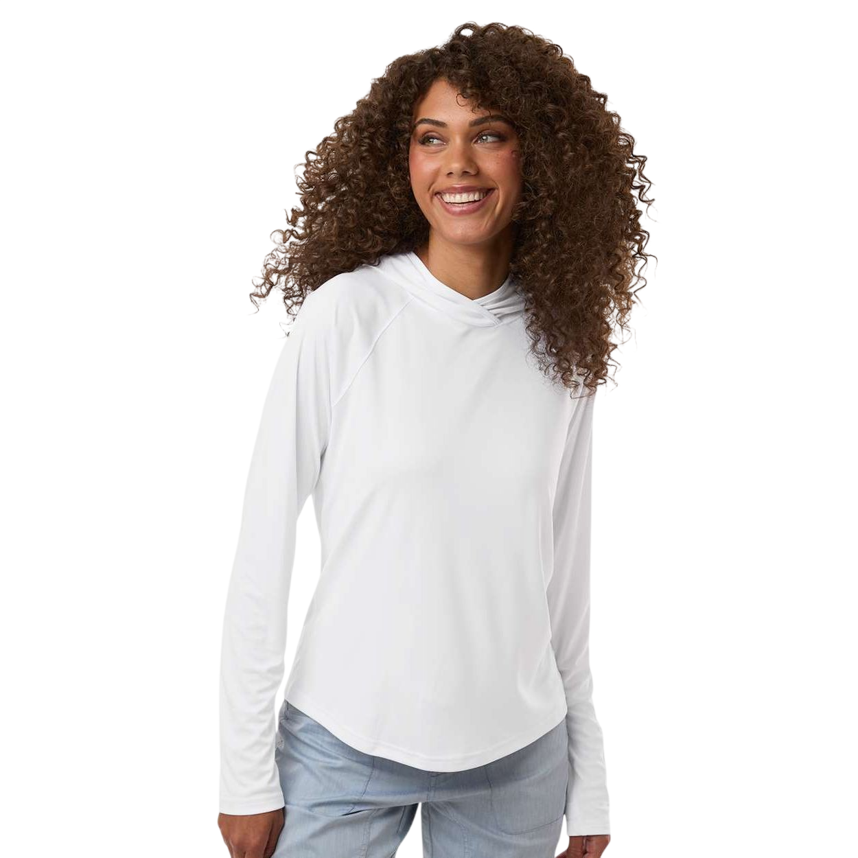 White/Nightshade Columbia Women's PFG Tidal Tee™ Hooded Long Sleeve, featuring lightweight performance fabric with long sleeves, an attached hood, and a blue gradient fish-inspired graphic for sun protection and fishing activities.
