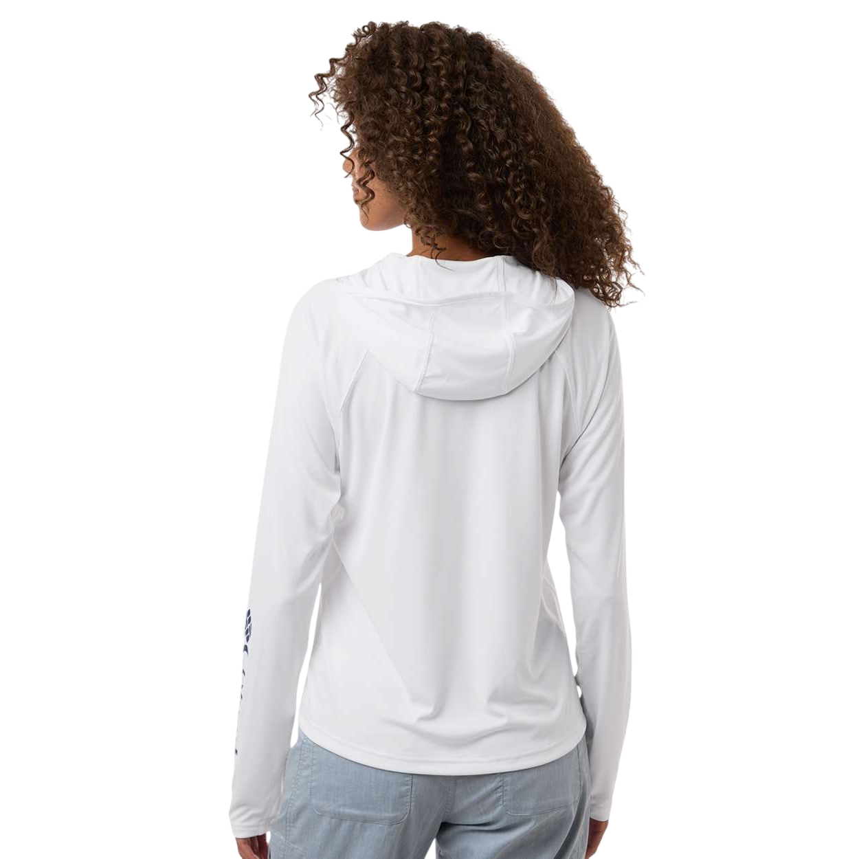 White/Nightshade Columbia Women's PFG Tidal Tee™ Hooded Long Sleeve, featuring lightweight performance fabric with long sleeves, an attached hood, and a blue gradient fish-inspired graphic for sun protection and fishing activities.