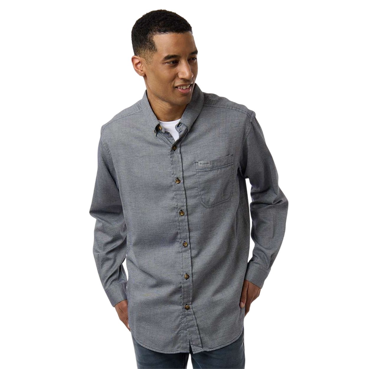 Collegiate Navy Oxford Columbia Men's Rapid Rivers™ II Shirt, featuring soft cotton-blend fabric with a button-front closure, button-down collar, and chest pocket for casual wear and everyday layering.