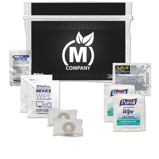 Black event safety and wellness kit in a water-resistant plastic pouch containing mints, pain reliever packet, antacid tablet, antimicrobial hand wipes, and device wipes with secure tear-away seal.