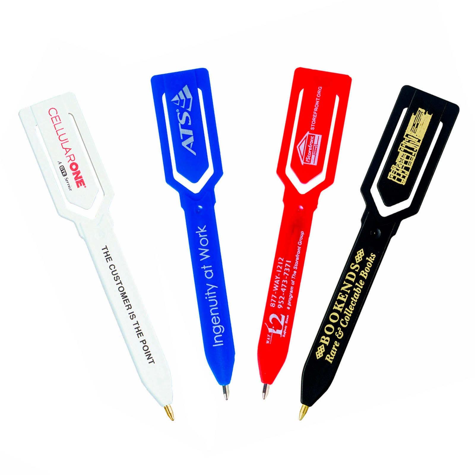 Spearhead Pen, a slim multi-purpose pen in white, red, blue, and black with a flat, lightweight body and clip-like shape for writing, bookmarking, or holding papers.