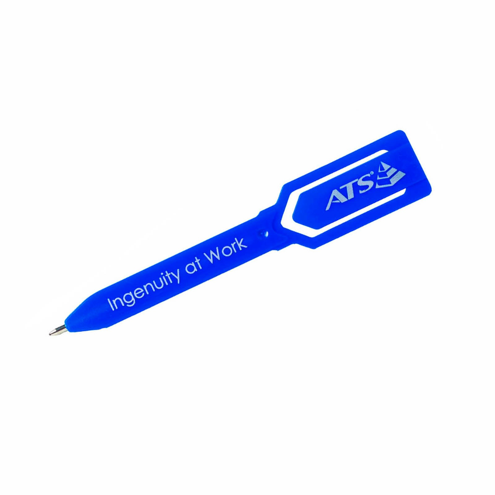 Blue Spearhead Pen, a slim multi-purpose pen with a flat, lightweight body and clip-like shape for writing, bookmarking, or holding papers.