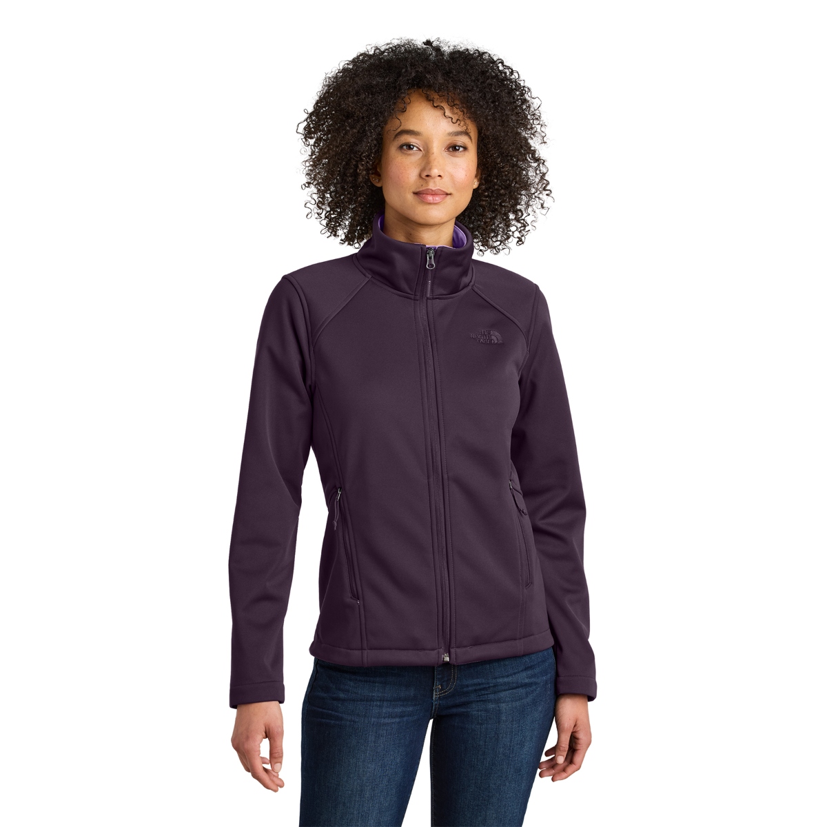 Blackberry Wine soft shell jacket with a full-zip front, stand collar, zippered pockets, and a sleek, weather-resistant design.