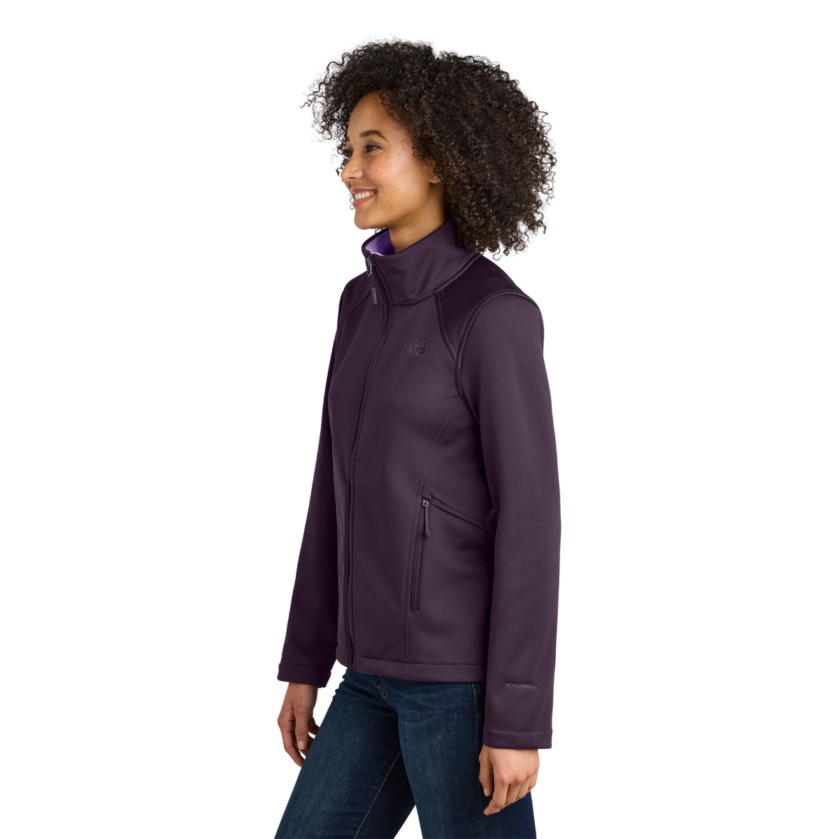 Blackberry Wine soft shell jacket with a full-zip front, stand collar, zippered pockets, and a sleek, weather-resistant design.