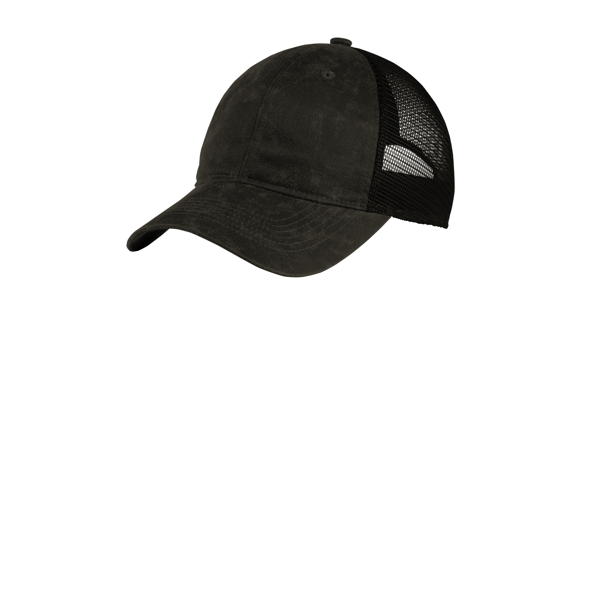 Black Port Authority Pigment Print Mesh Back Cap, featuring a structured cotton front panel with pigment-dyed finish, breathable mesh back panels, and an adjustable snap closure for casual everyday wear and sun protection.