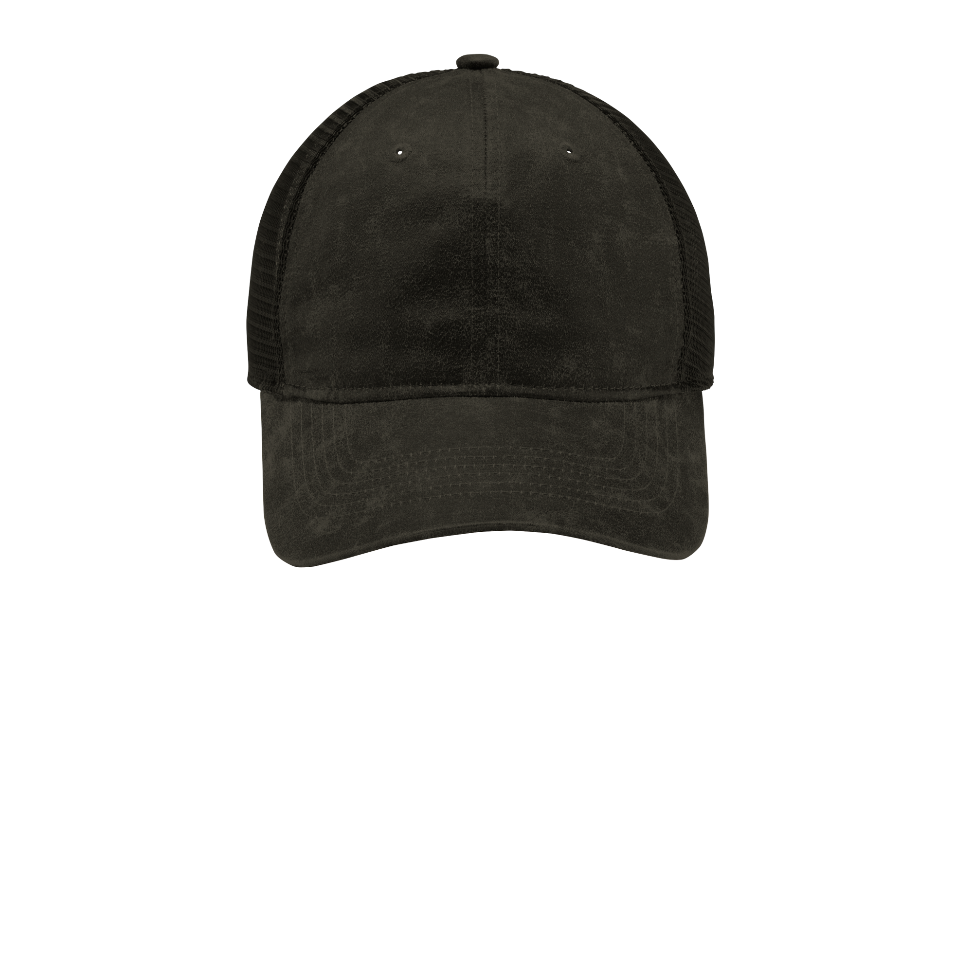 Black Port Authority Pigment Print Mesh Back Cap, featuring a structured cotton front panel with pigment-dyed finish, breathable mesh back panels, and an adjustable snap closure for casual everyday wear and sun protection.