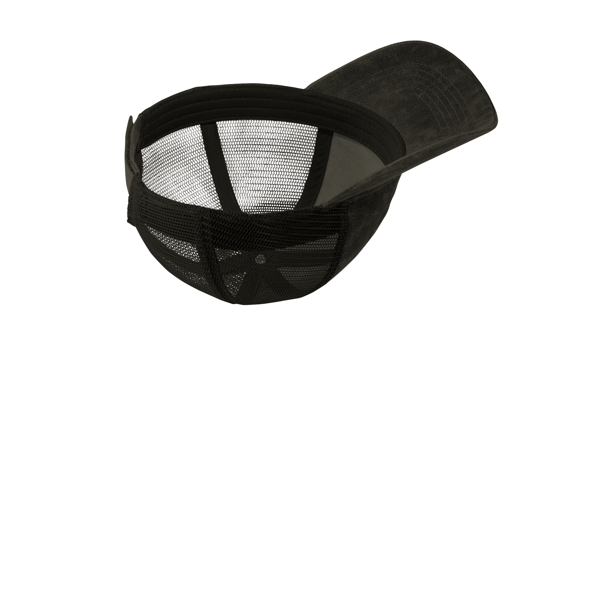 Black Port Authority Pigment Print Mesh Back Cap, featuring a structured cotton front panel with pigment-dyed finish, breathable mesh back panels, and an adjustable snap closure for casual everyday wear and sun protection.