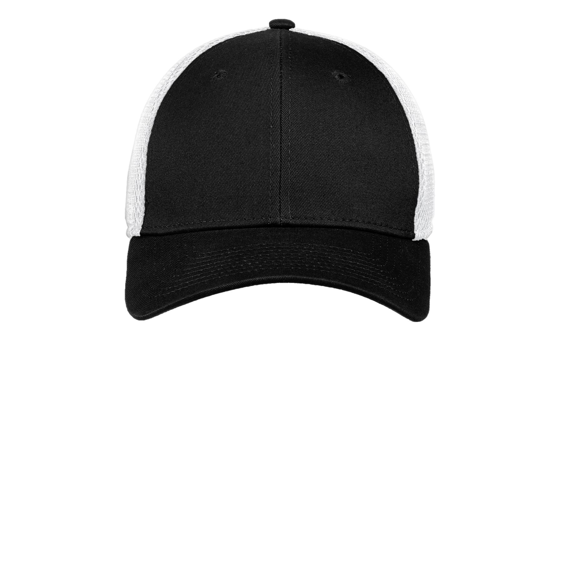 Black/White New Era Stretch Mesh Cap, featuring a structured front panel, breathable mesh back, curved visor, and stretch-fit design for comfortable everyday wear and outdoor use.