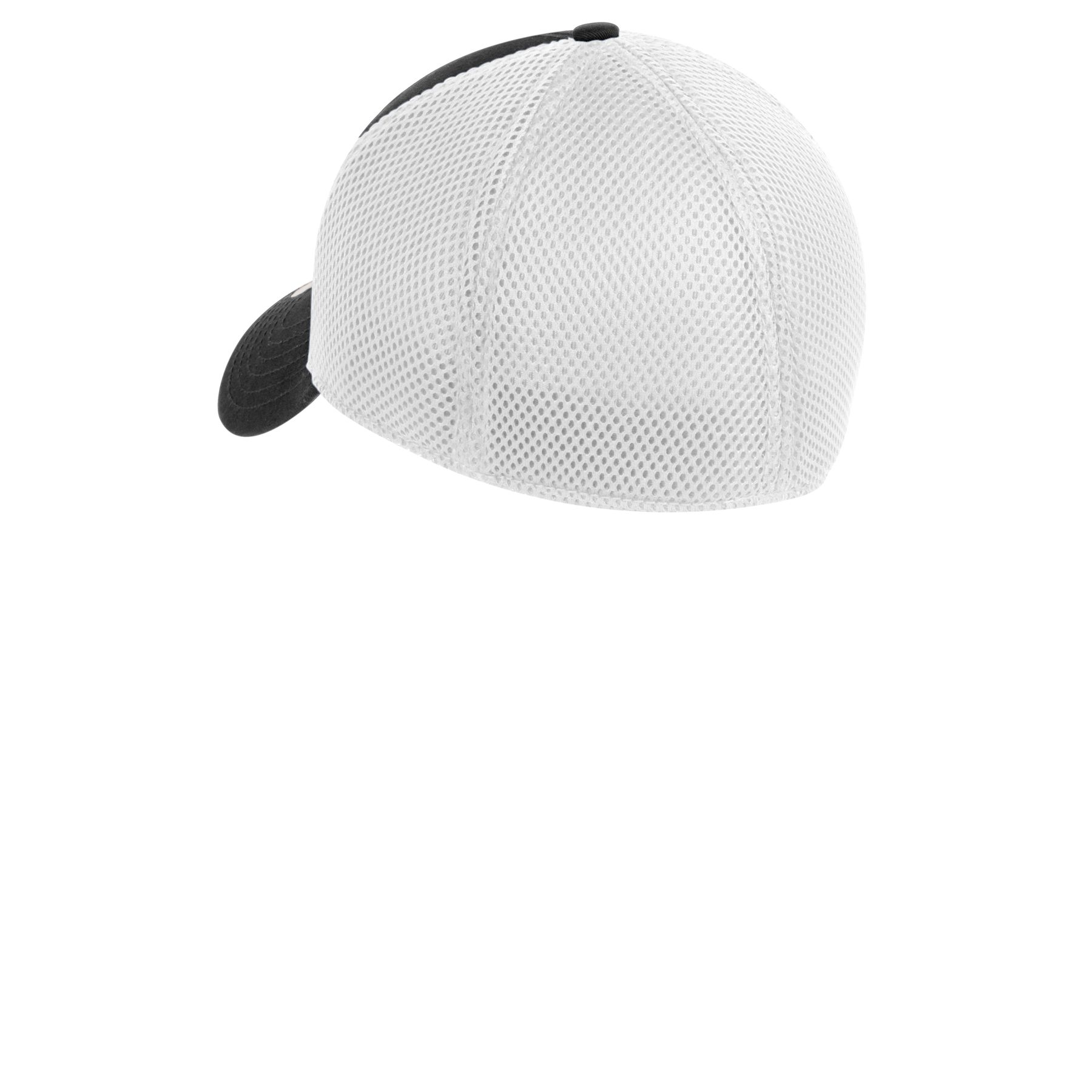 Black/White New Era Stretch Mesh Cap, featuring a structured front panel, breathable mesh back, curved visor, and stretch-fit design for comfortable everyday wear and outdoor use.
