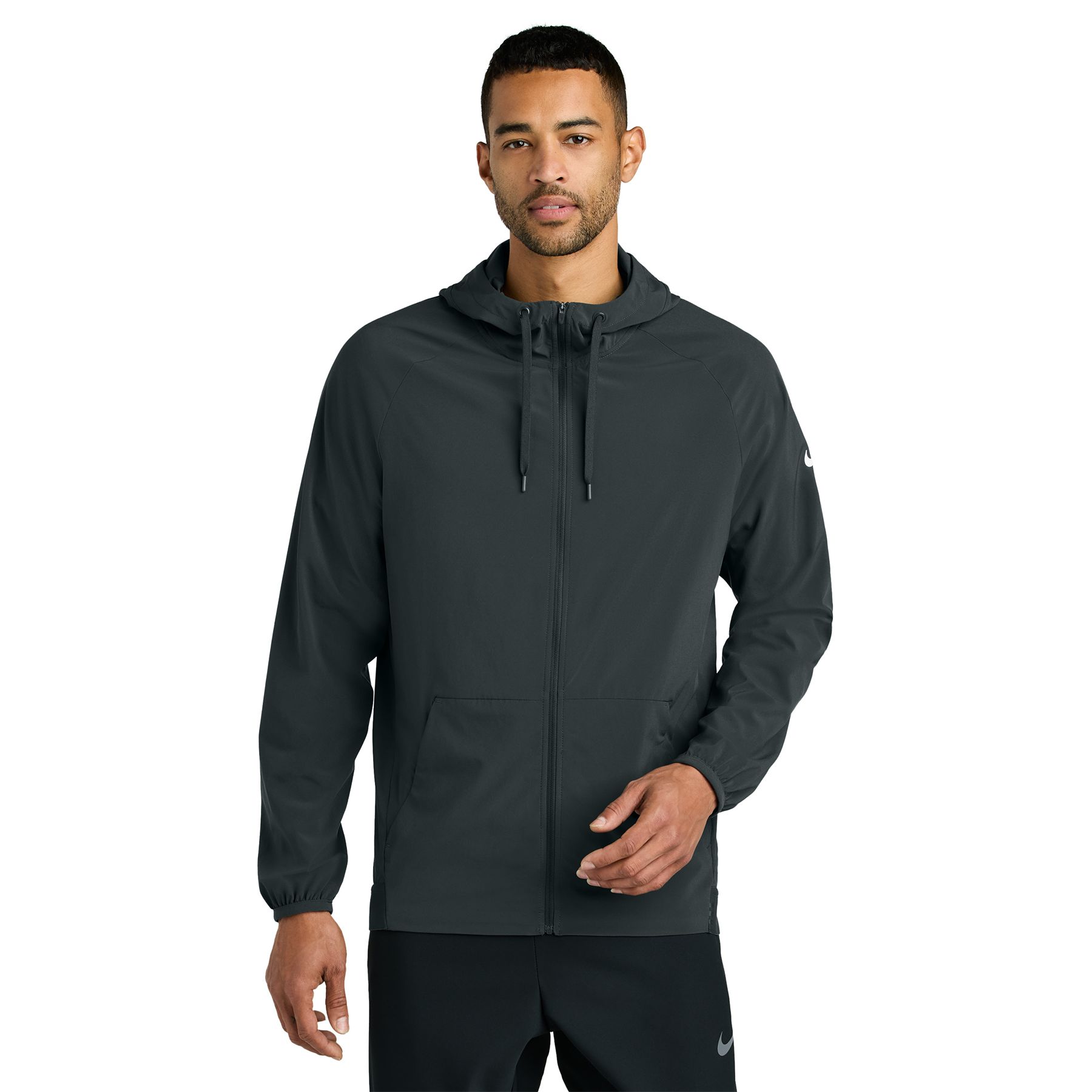 Anthracite performance jacket made from recycled polyester and elastane Dri-FIT fabric with adjustable hood, full-zip front, zippered pockets, elastic cuffs, and moisture-wicking construction.