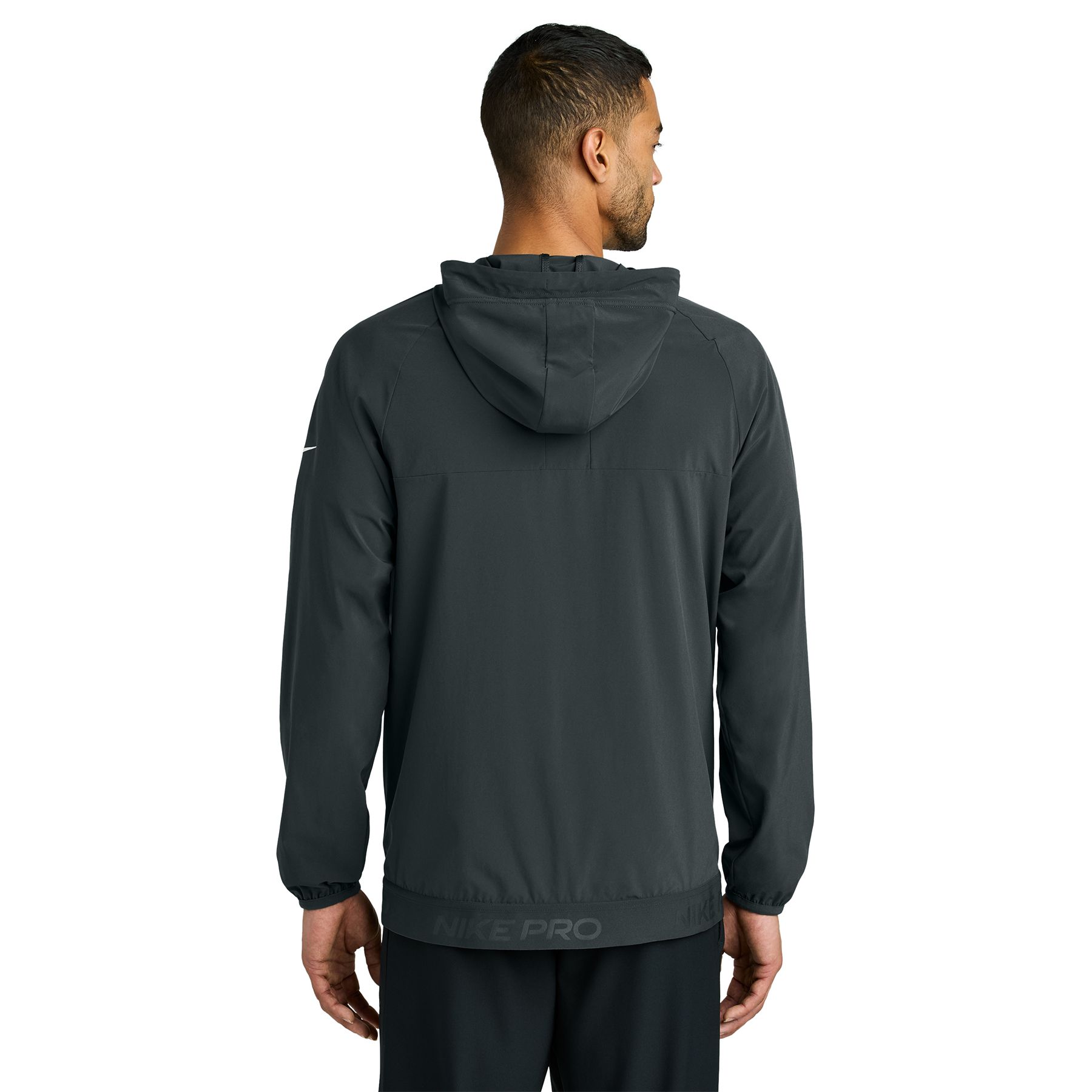 Anthracite performance jacket made from recycled polyester and elastane Dri-FIT fabric with adjustable hood, full-zip front, zippered pockets, elastic cuffs, and moisture-wicking construction.