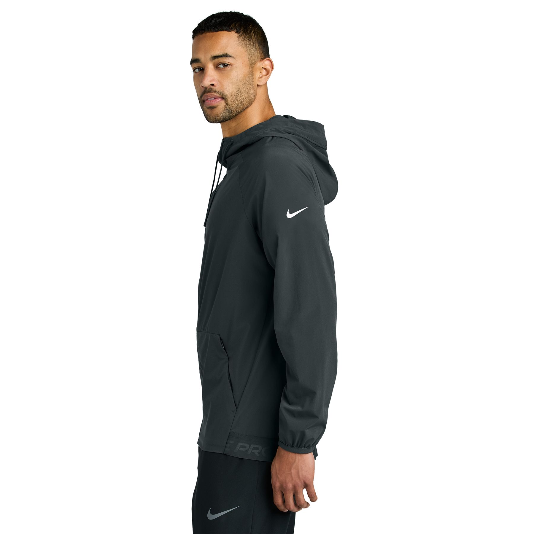 Anthracite performance jacket made from recycled polyester and elastane Dri-FIT fabric with adjustable hood, full-zip front, zippered pockets, elastic cuffs, and moisture-wicking construction.