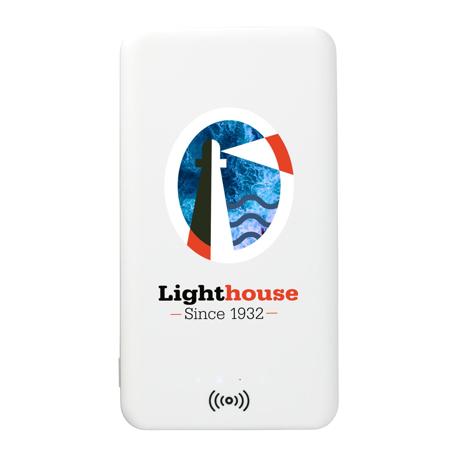 White wireless power bank with 4000 mAh rechargeable lithium-polymer battery, Qi-compatible wireless charging, USB charging cable, and compact portable design packaged in an FSC-certified gift box.
