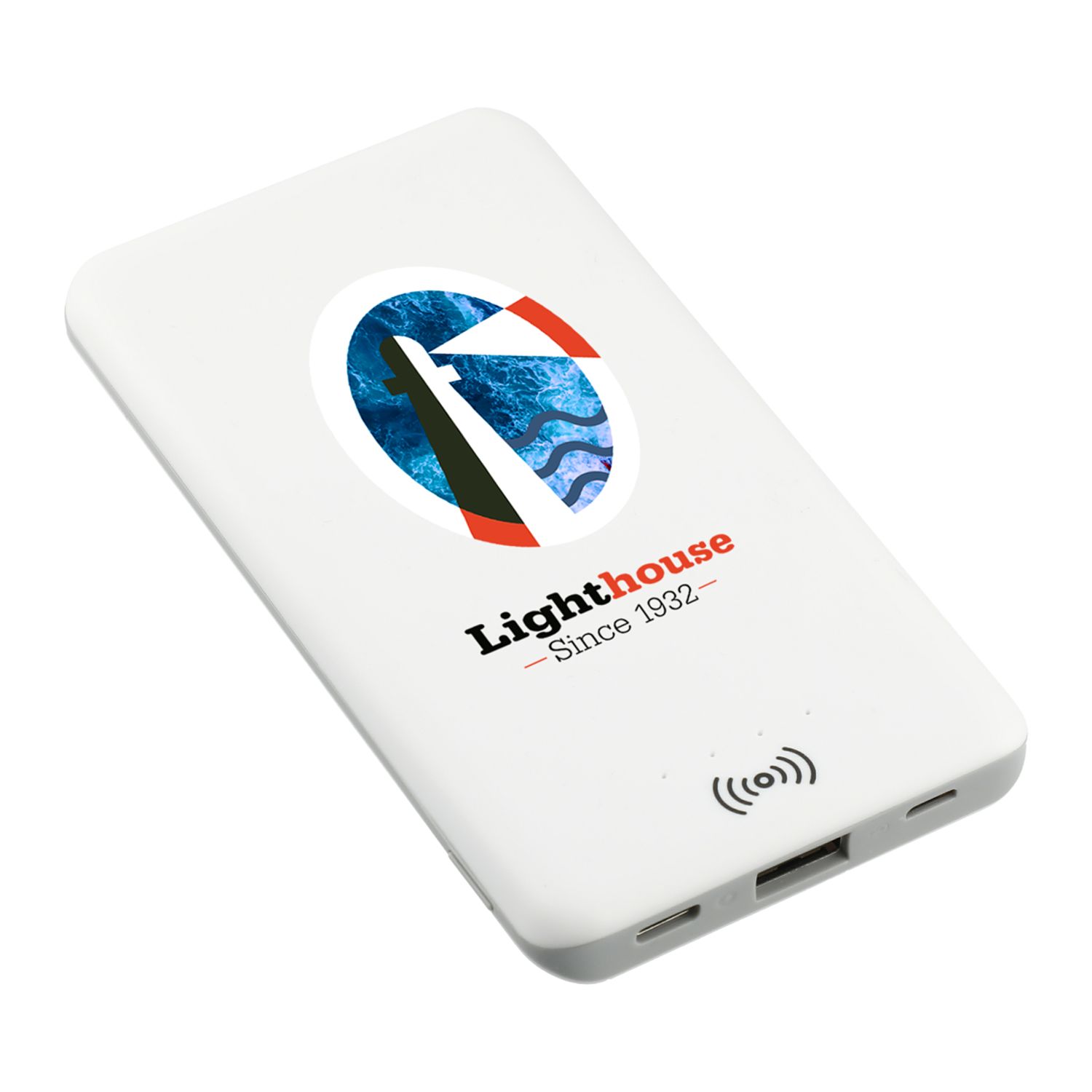 White wireless power bank with 4000 mAh rechargeable lithium-polymer battery, Qi-compatible wireless charging, USB charging cable, and compact portable design packaged in an FSC-certified gift box.