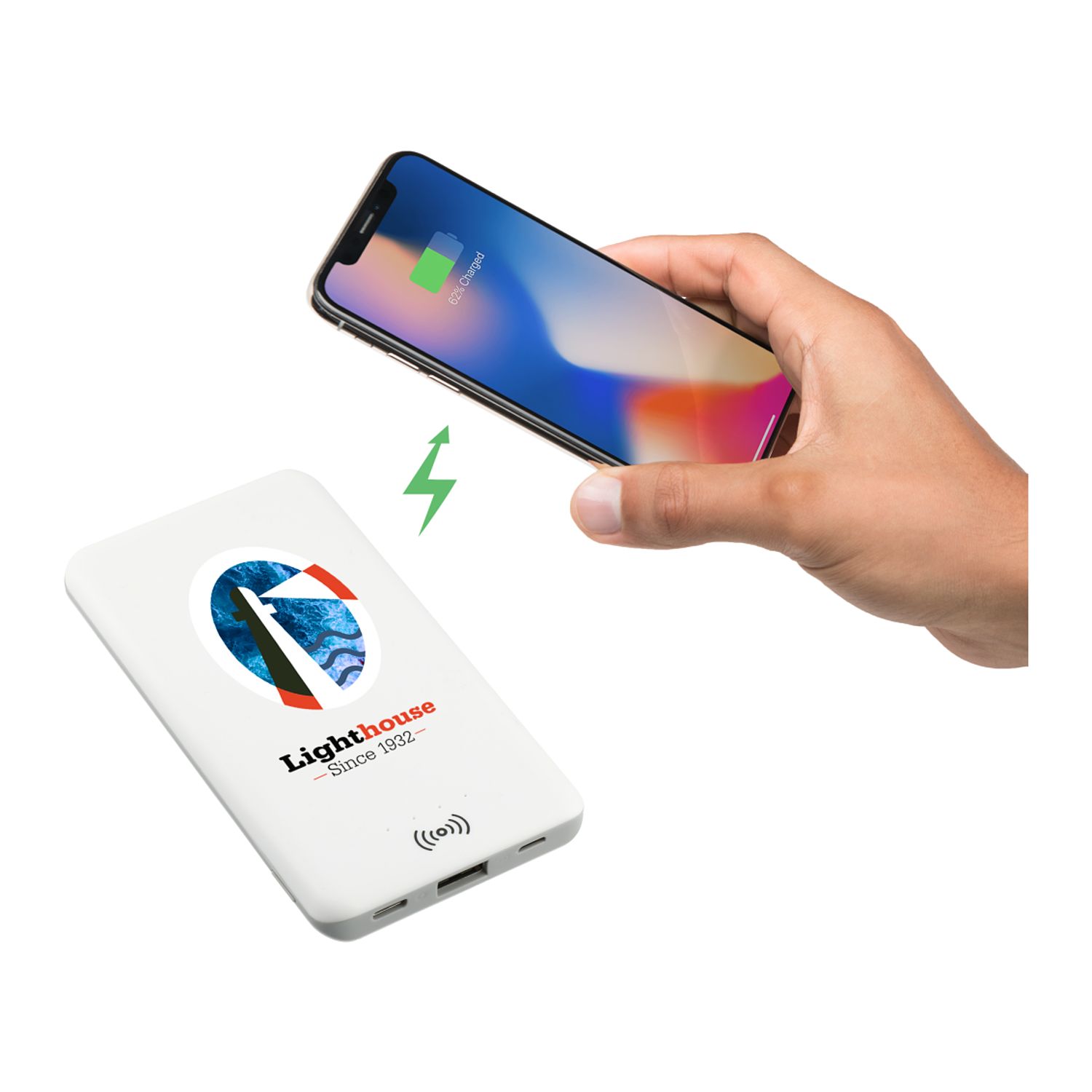 White wireless power bank with 4000 mAh rechargeable lithium-polymer battery, Qi-compatible wireless charging, USB charging cable, and compact portable design packaged in an FSC-certified gift box.