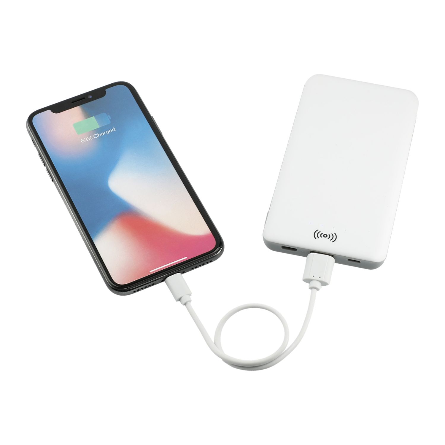 White wireless power bank with 4000 mAh rechargeable lithium-polymer battery, Qi-compatible wireless charging, USB charging cable, and compact portable design packaged in an FSC-certified gift box.