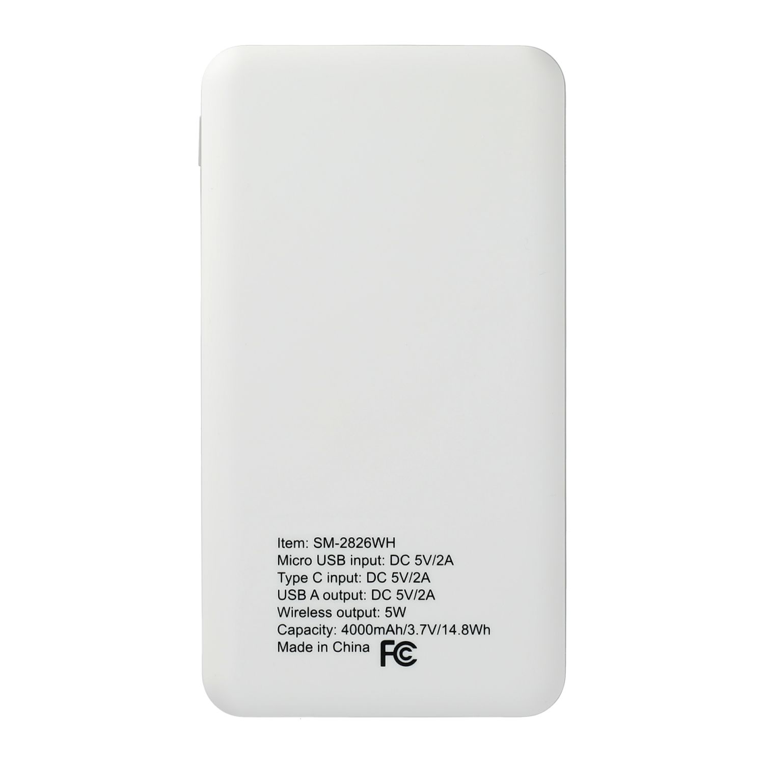 White wireless power bank with 4000 mAh rechargeable lithium-polymer battery, Qi-compatible wireless charging, USB charging cable, and compact portable design packaged in an FSC-certified gift box.