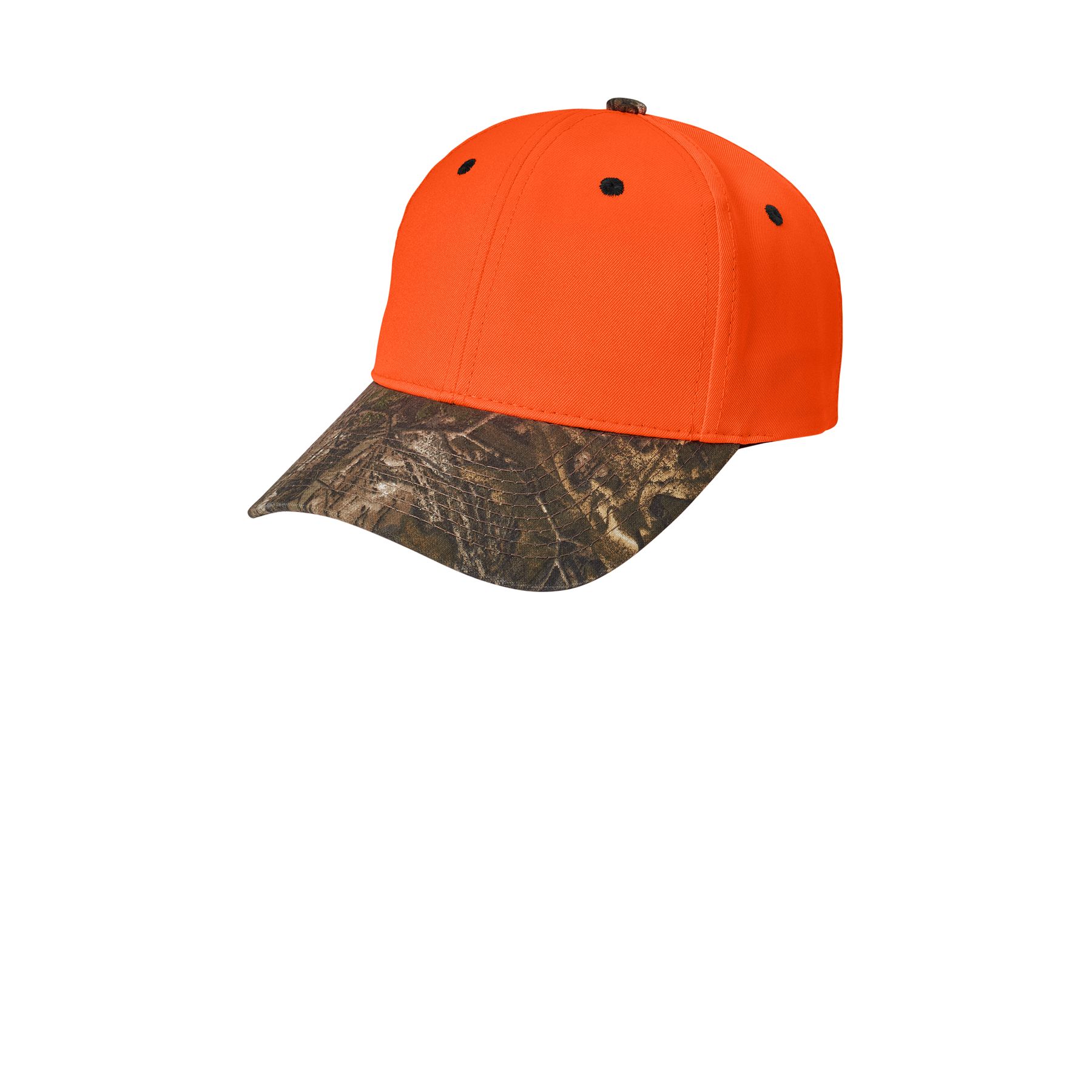 Orange Blaze/Mossy Oak New Break-Up Port Authority Enhanced Visibility Cap featuring a structured six-panel design, curved camo visor, and adjustable closure for outdoor work, hunting, and enhanced visibility.