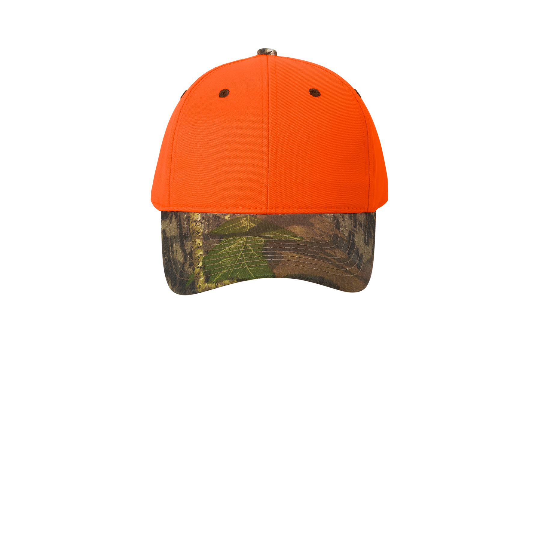 Orange Blaze/Mossy Oak New Break-Up Port Authority Enhanced Visibility Cap featuring a structured six-panel design, curved camo visor, and adjustable closure for outdoor work, hunting, and enhanced visibility.