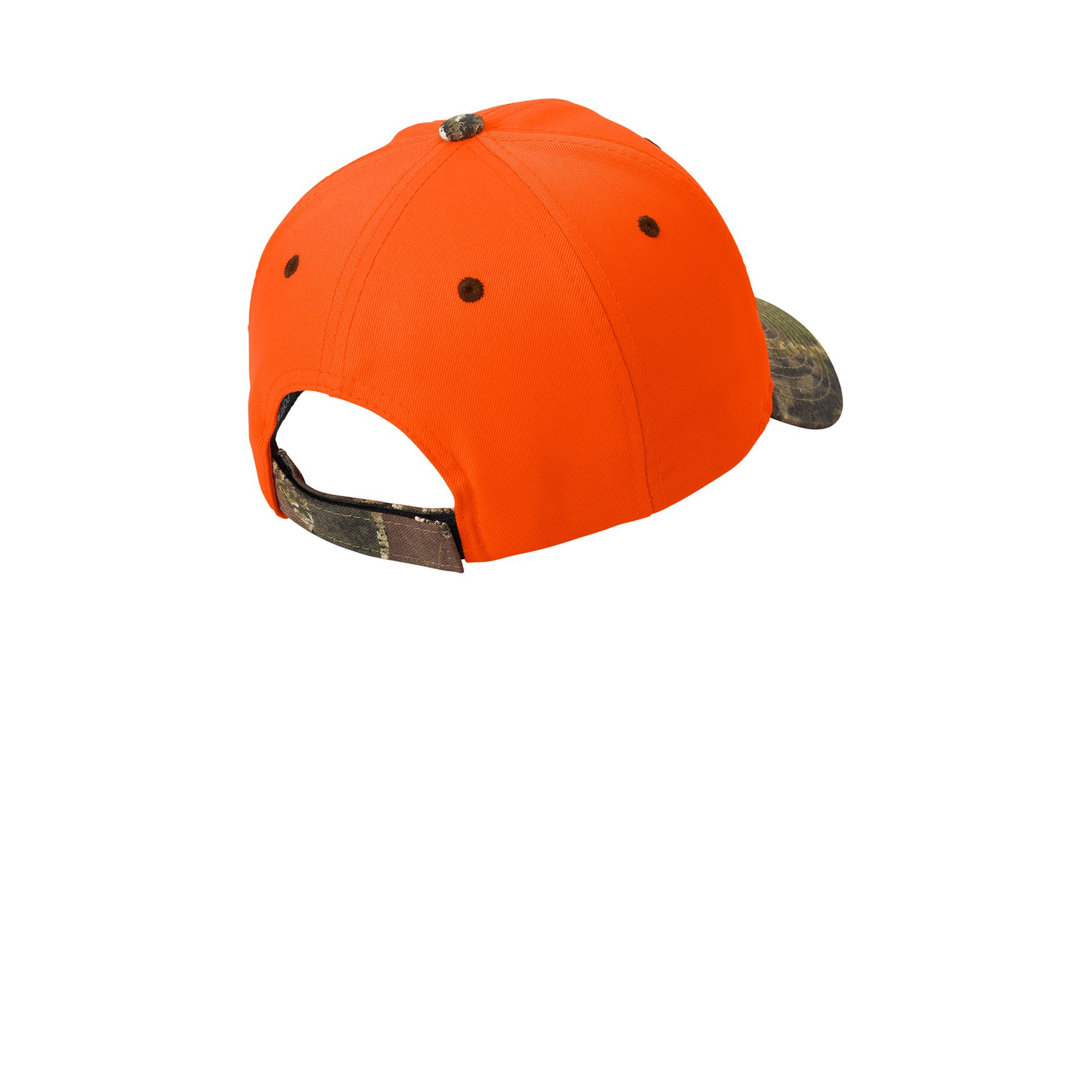 Orange Blaze/Mossy Oak New Break-Up Port Authority Enhanced Visibility Cap featuring a structured six-panel design, curved camo visor, and adjustable closure for outdoor work, hunting, and enhanced visibility.