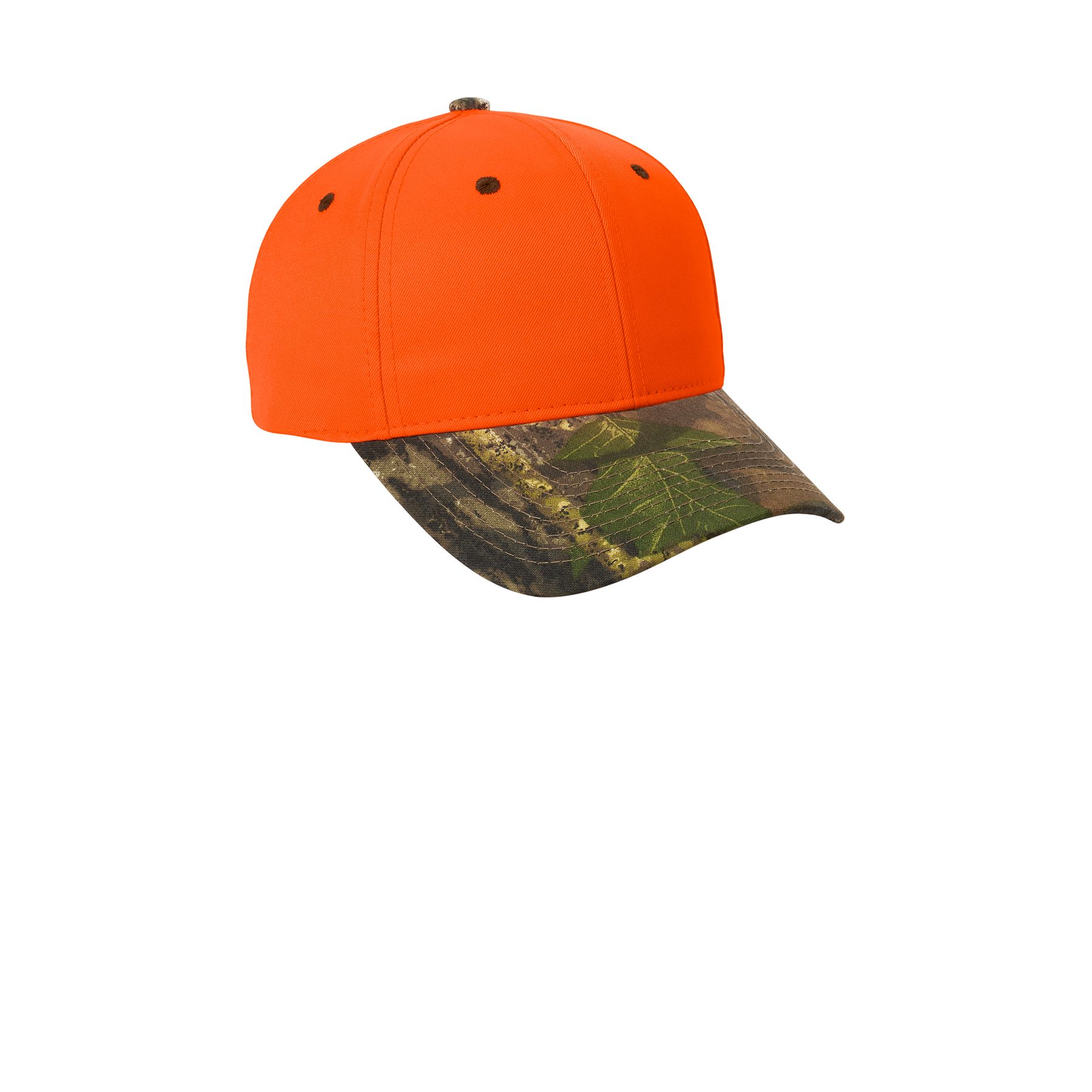 Orange Blaze/Mossy Oak New Break-Up Port Authority Enhanced Visibility Cap featuring a structured six-panel design, curved camo visor, and adjustable closure for outdoor work, hunting, and enhanced visibility.