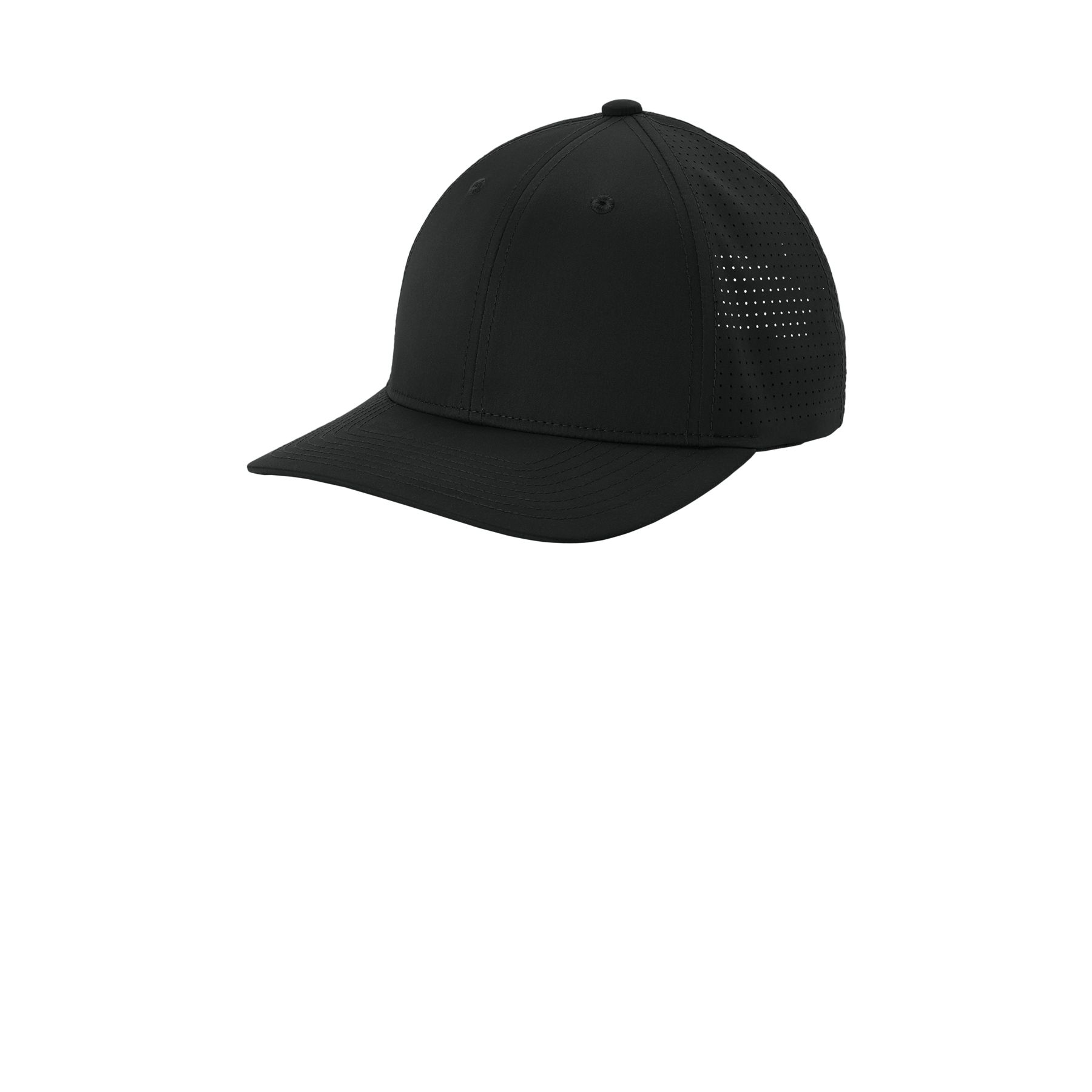 Black Sport-Tek Pro-Cut Adjustable Cap, featuring a structured six-panel design, curved visor, moisture-wicking performance fabric, and an adjustable snapback closure for comfortable everyday wear and outdoor use.