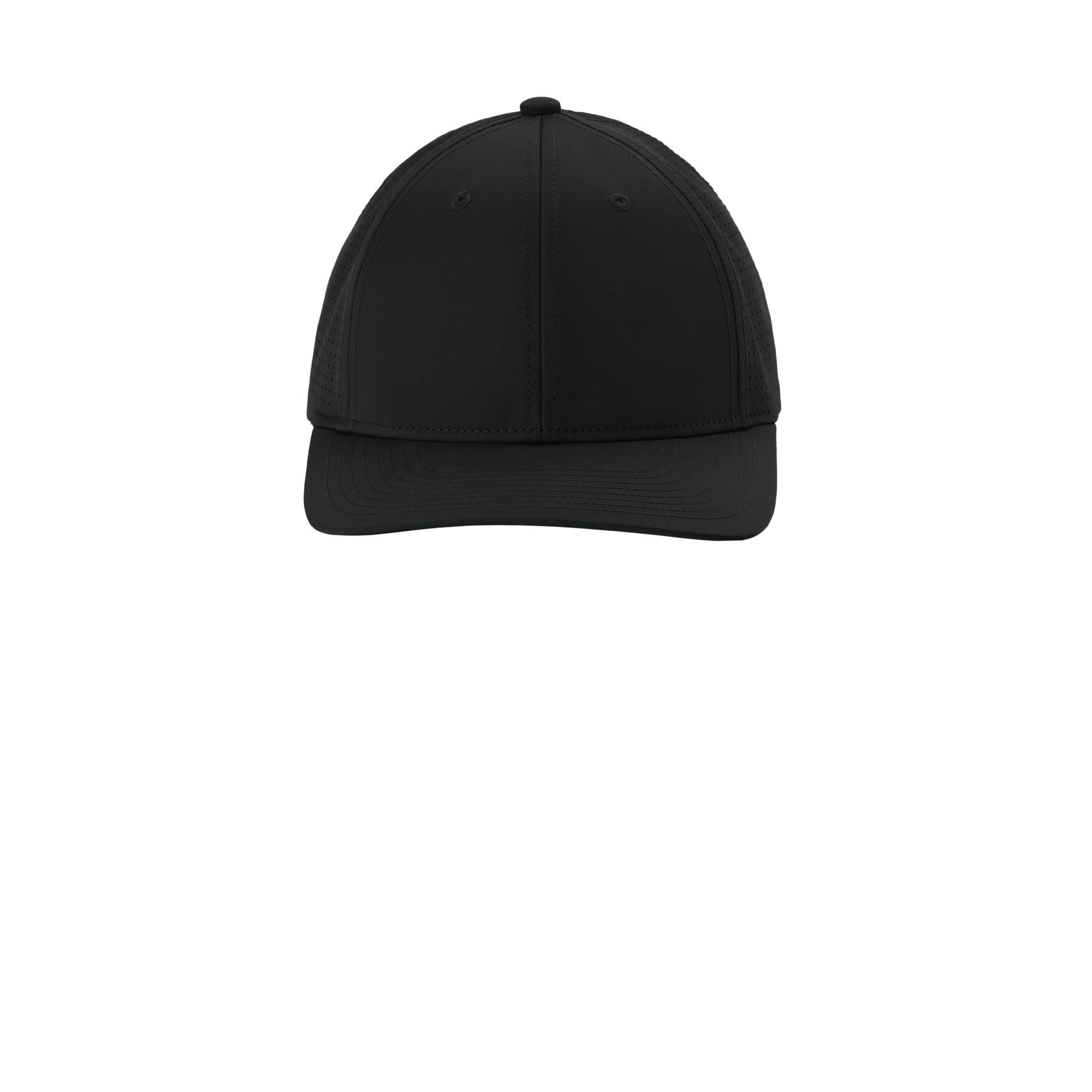 Black Sport-Tek Pro-Cut Adjustable Cap, featuring a structured six-panel design, curved visor, moisture-wicking performance fabric, and an adjustable snapback closure for comfortable everyday wear and outdoor use.