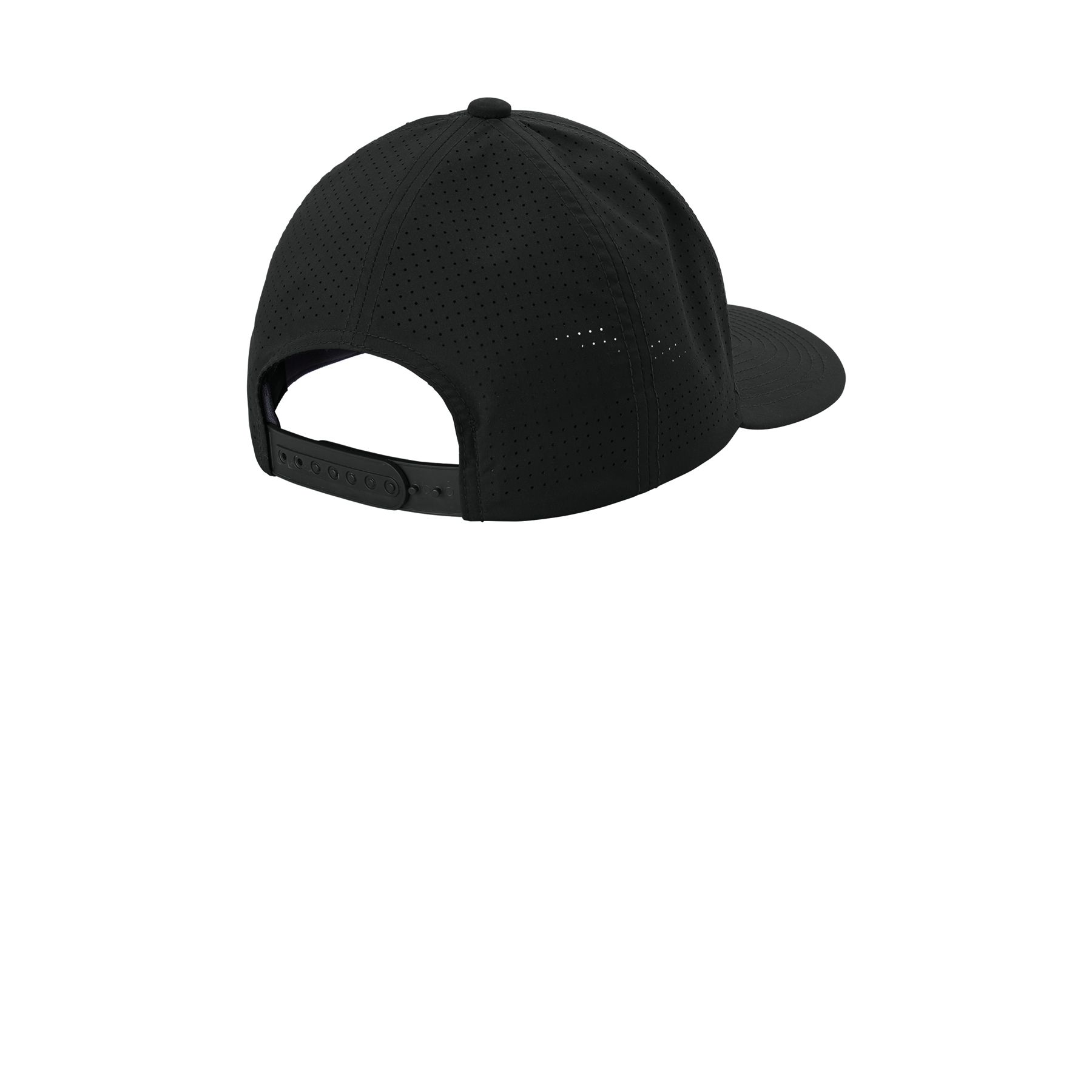 Black Sport-Tek Pro-Cut Adjustable Cap, featuring a structured six-panel design, curved visor, moisture-wicking performance fabric, and an adjustable snapback closure for comfortable everyday wear and outdoor use.