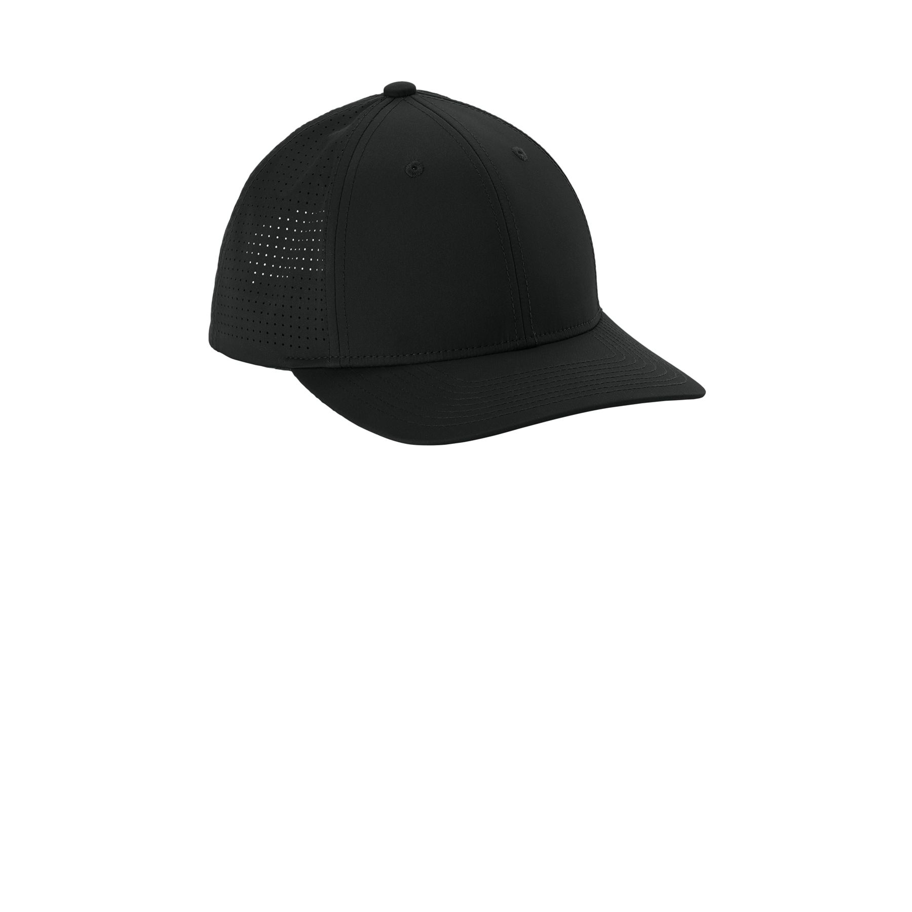 Black Sport-Tek Pro-Cut Adjustable Cap, featuring a structured six-panel design, curved visor, moisture-wicking performance fabric, and an adjustable snapback closure for comfortable everyday wear and outdoor use.