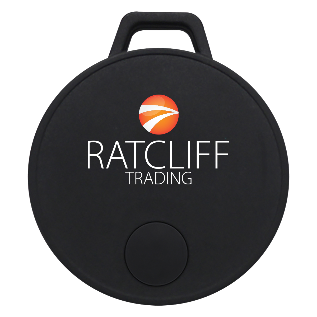 Black Bluetooth® two-way tracking device with compact round design, mobile app compatibility, replaceable battery, and wireless item-finding technology.