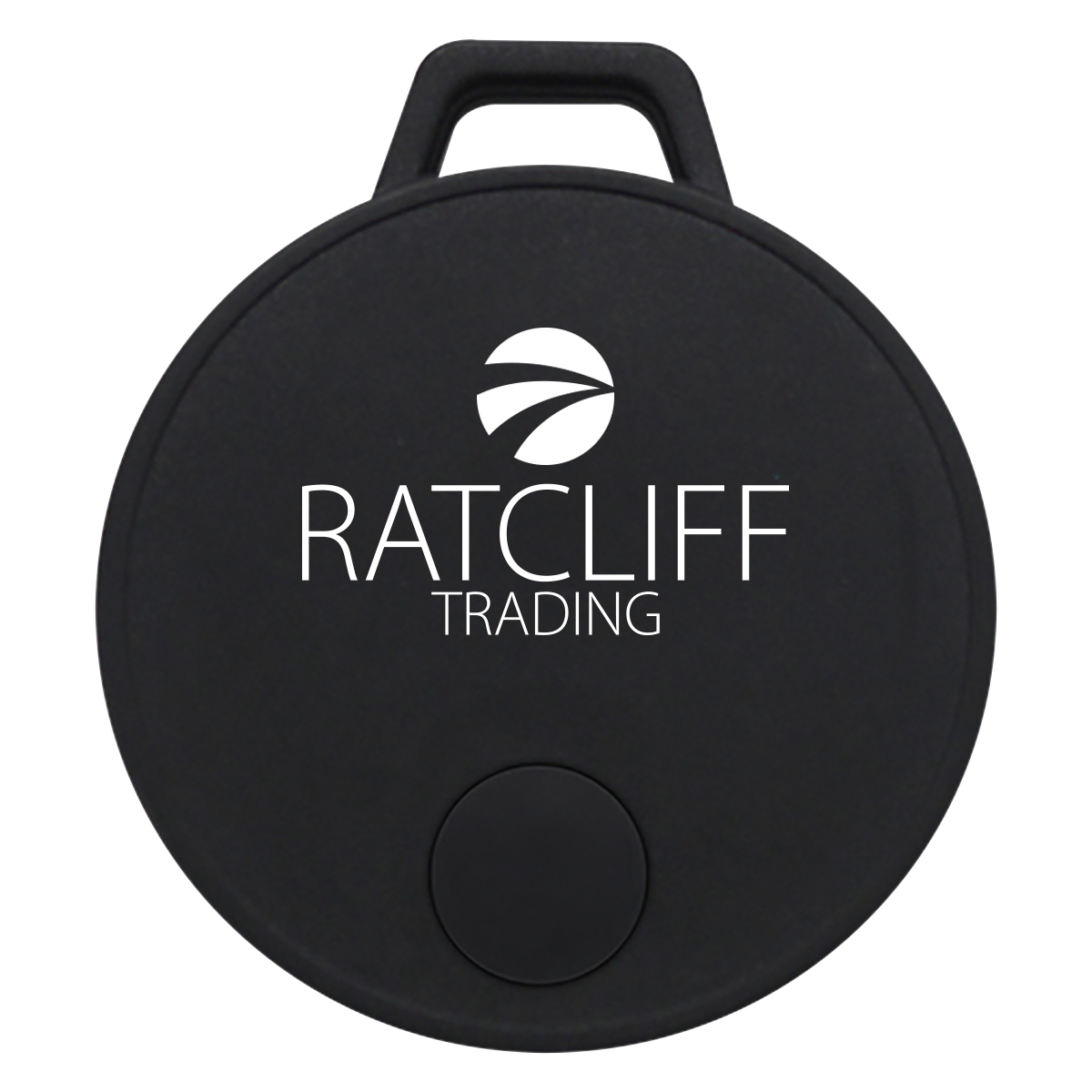 Black Bluetooth® two-way tracking device with compact round design, mobile app compatibility, replaceable battery, and wireless item-finding technology.