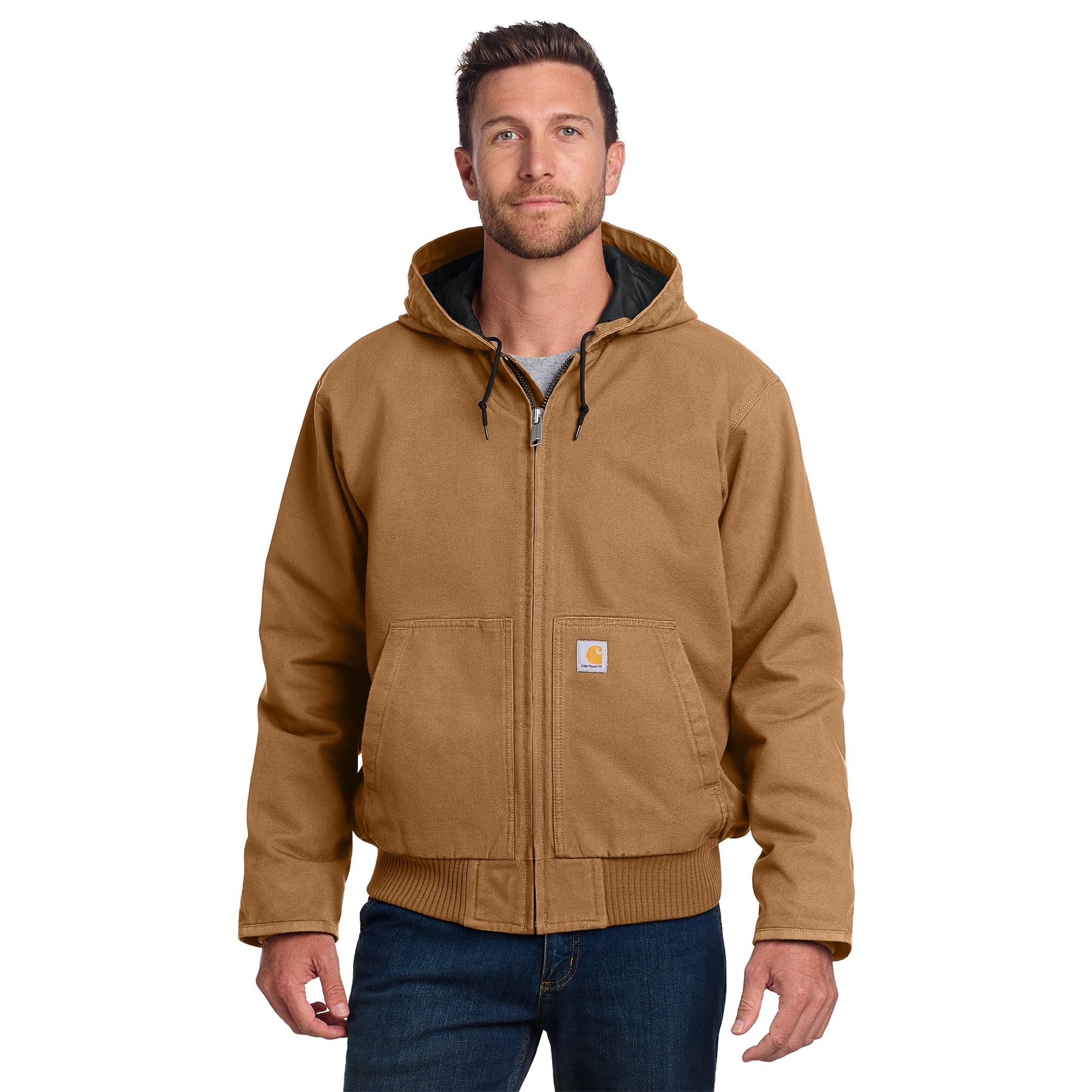 Carhartt Brown Carhartt Tall Washed Duck Active Jac, a tall insulated work jacket made from washed cotton duck with a quilted nylon lining, attached hood, full-zip front, and multiple pockets for cold-weather workwear.