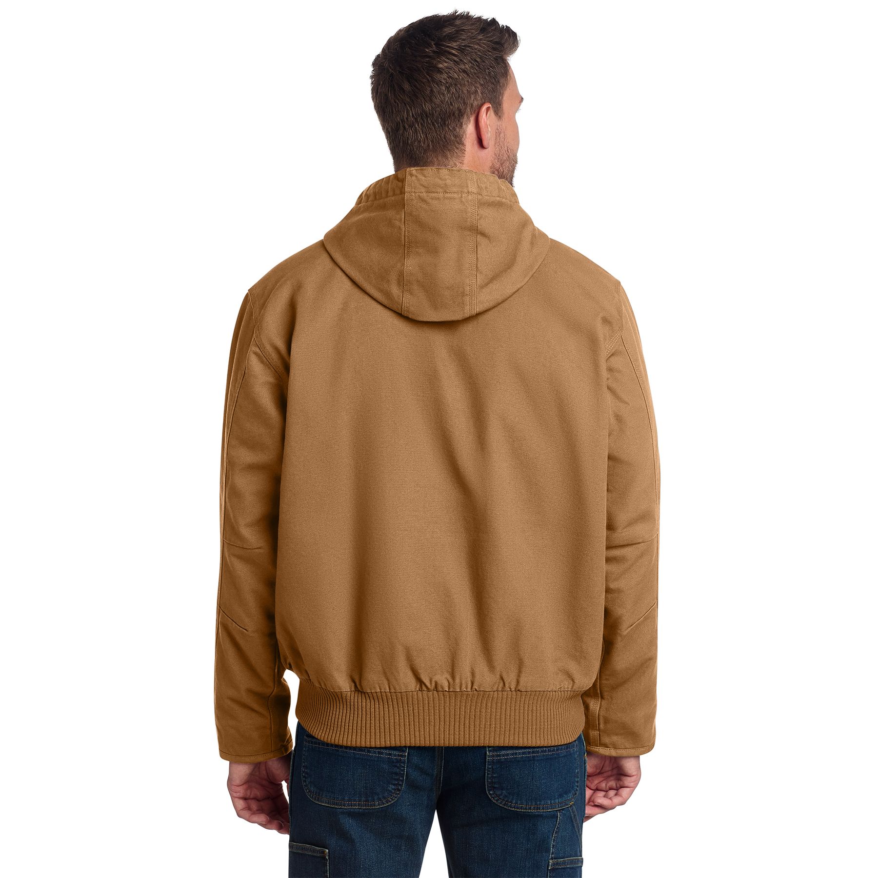 Carhartt Brown Carhartt Tall Washed Duck Active Jac, a tall insulated work jacket made from washed cotton duck with a quilted nylon lining, attached hood, full-zip front, and multiple pockets for cold-weather workwear.