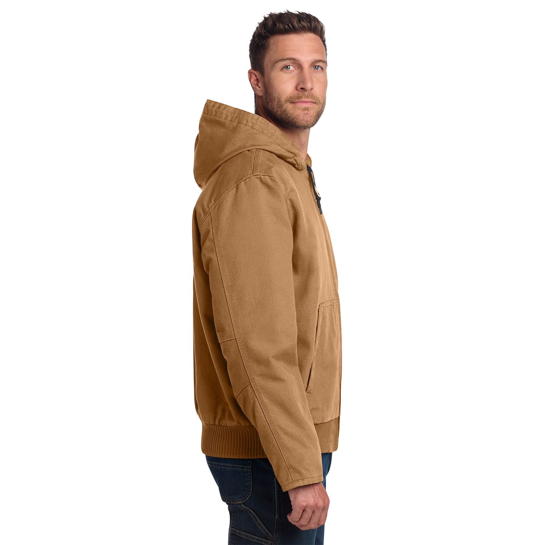 Carhartt Brown Carhartt Tall Washed Duck Active Jac, a tall insulated work jacket made from washed cotton duck with a quilted nylon lining, attached hood, full-zip front, and multiple pockets for cold-weather workwear.